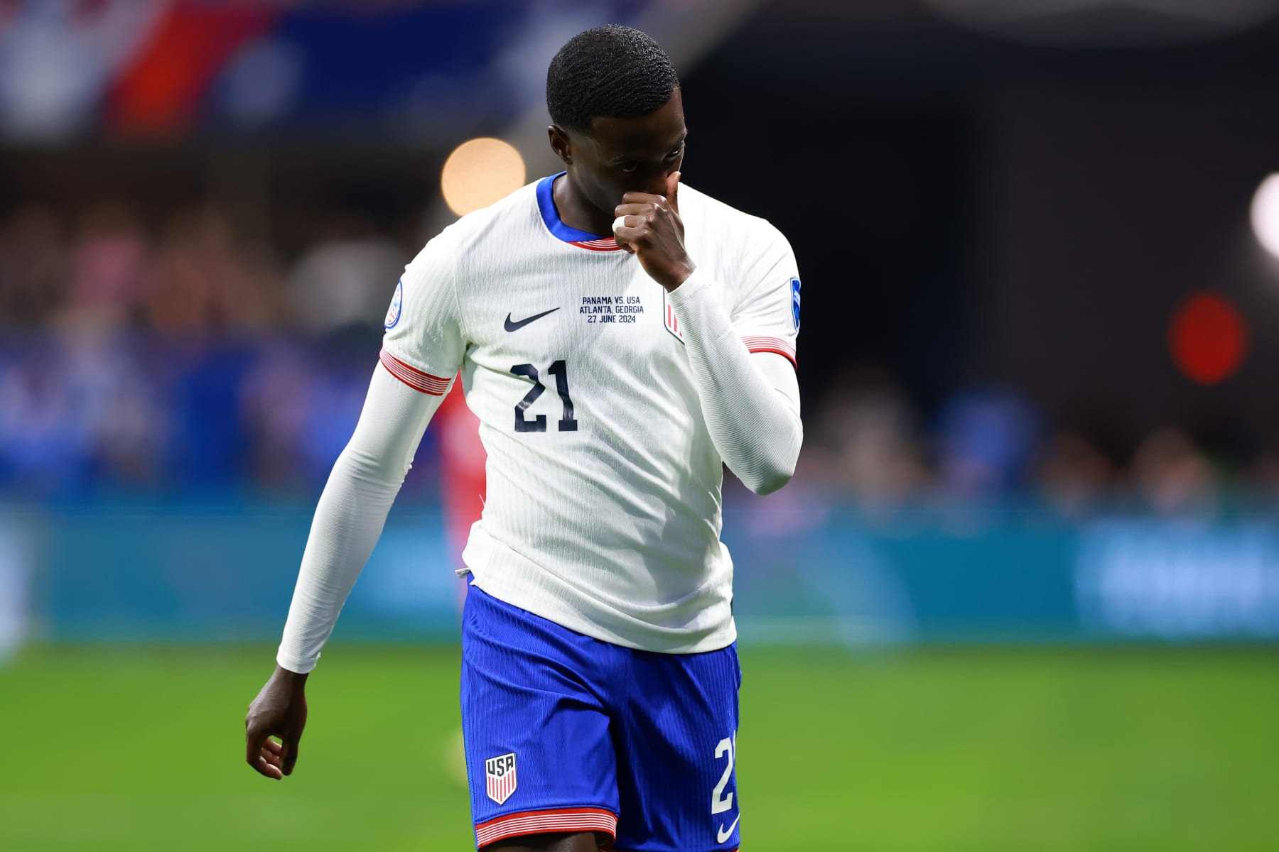 ATLANTA, GEORGIA - JUNE 27: Tim Weah of United States reacts after being sent off during the CONMEBOL Copa America USA 2024 Group C match between Panama and United States at Mercedes-Benz Stadium on June 27, 2024 in Atlanta, Georgia. (Photo by Hector Vivas/Getty Images)