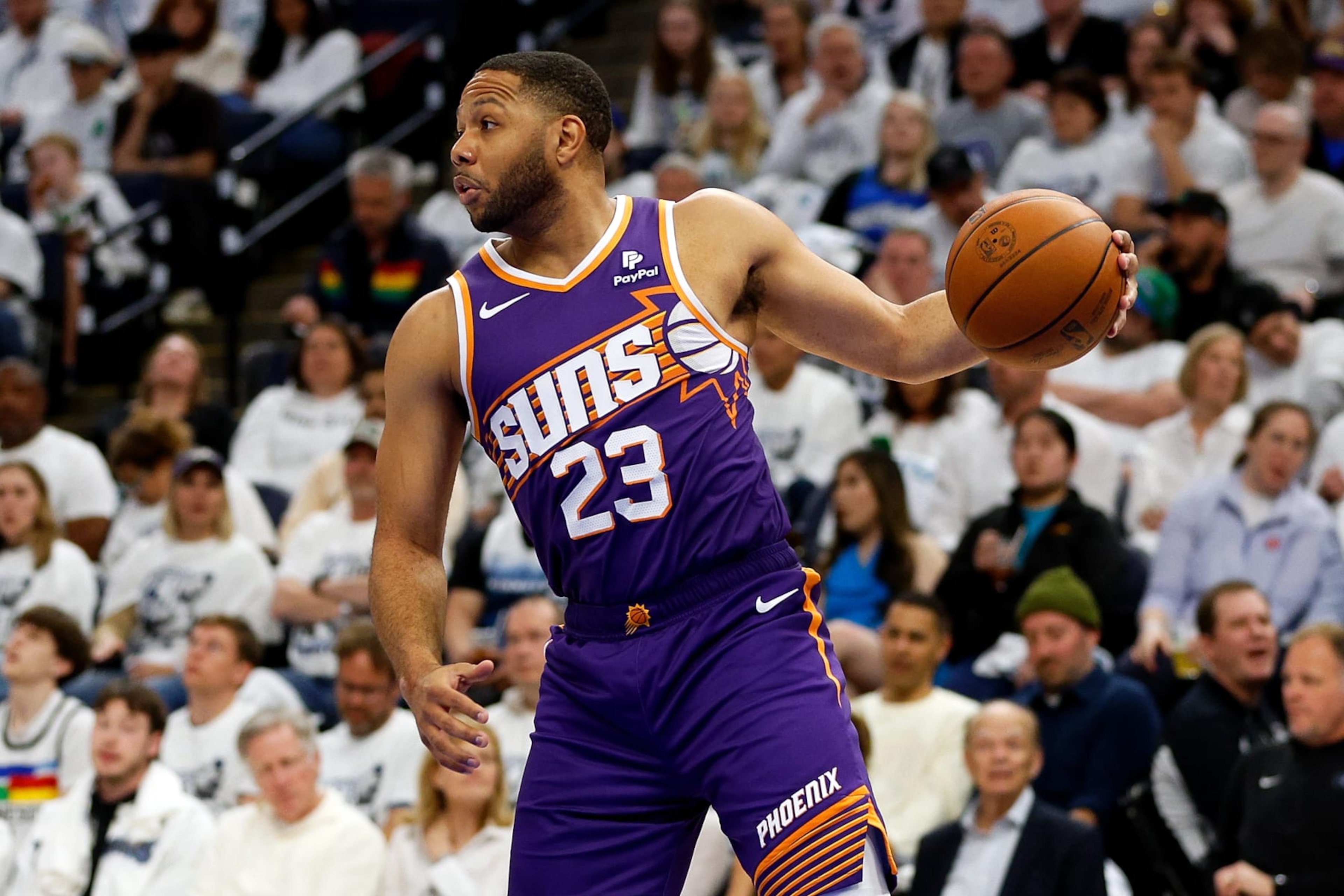 MINNEAPOLIS, MINNESOTA - APRIL 23: Eric Gordon #23 of the Phoenix Suns handles the ball against the Minnesota Timberwolves in the second quarter of game two of the Western Conference First Round Playoffs at Target Center on April 23, 2024 in Minneapolis, Minnesota. The Timberwolves defeated the Sun 105-93. NOTE TO USER: User expressly acknowledges and agrees that, by downloading and or using this photograph, User is consenting to the terms and conditions of the Getty Images License Agreement. (Photo by David Berding/Getty Images) MINNEAPOLIS, MINNESOTA - APRIL 23: Eric Gordon #23 of the Phoenix Suns handles the ball against the Minnesota Timberwolves in the second quarter of game two of the Western Conference First Round Playoffs at Target Center on April 23, 2024 in Minneapolis, Minnesota. The Timberwolves defeated the Sun 105-93. NOTE TO USER: User expressly acknowledges and agrees that, by downloading and or using this photograph, User is consenting to the terms and conditions of the Getty Images License Agreement. (Photo by David Berding/Getty Images)
