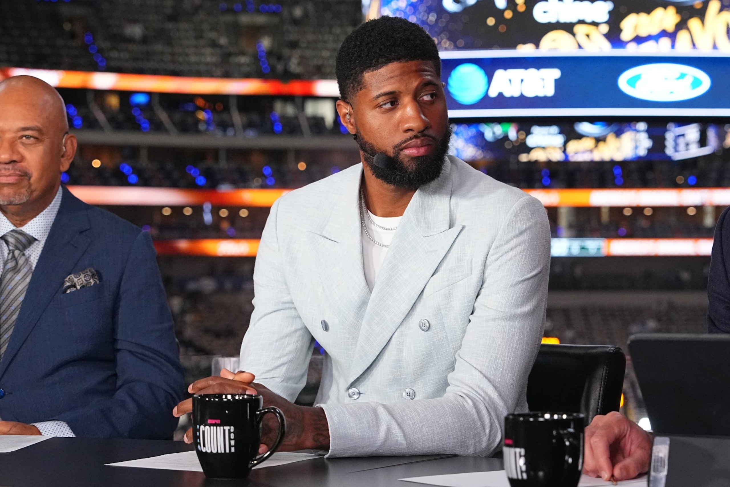 DALLAS, TX - JUNE 12: Paul George looks on before the game between the Boston Celtics and the Dallas Mavericks during Game 3 of the 2024 NBA Finals on June 12, 2024 at the American Airlines Center in Dallas, Texas. NOTE TO USER: User expressly acknowledges and agrees that, by downloading and or using this photograph, User is consenting to the terms and conditions of the Getty Images License Agreement. Mandatory Copyright Notice: Copyright 2024 NBAE (Photo by Garrett Ellwood/NBAE via Getty Images)