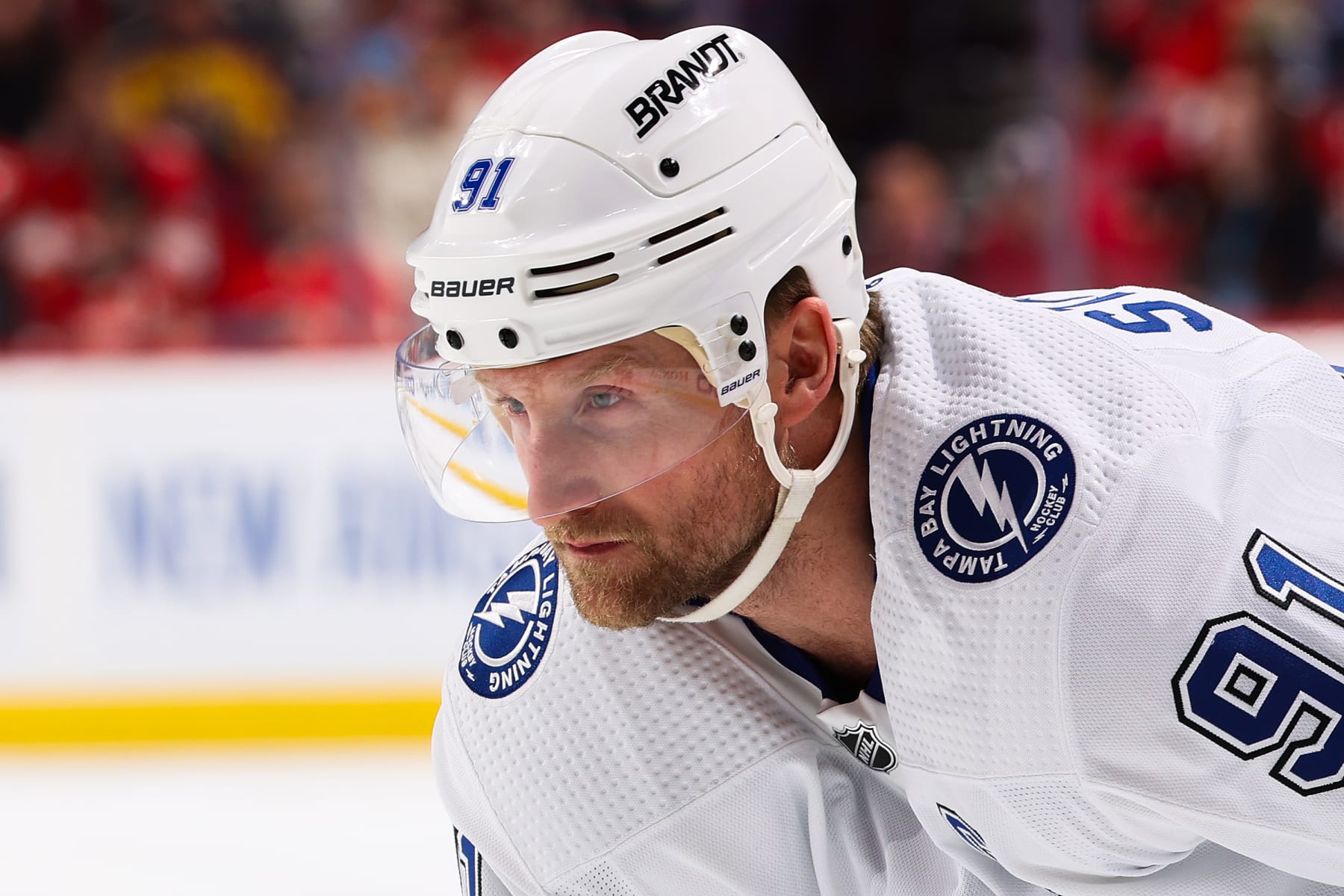 SUNRISE, FL - APRIL 21: Steven Stamkos #91 of the Tampa Bay Lightning prepares for a face-off against the Florida Panthers in Game One of the First Round of the 2024 Stanley Cup Playoffs at the Amerant Bank Arena on April 21, 2024 in Sunrise, Florida. (Photo by Joel Auerbach/Getty Images)