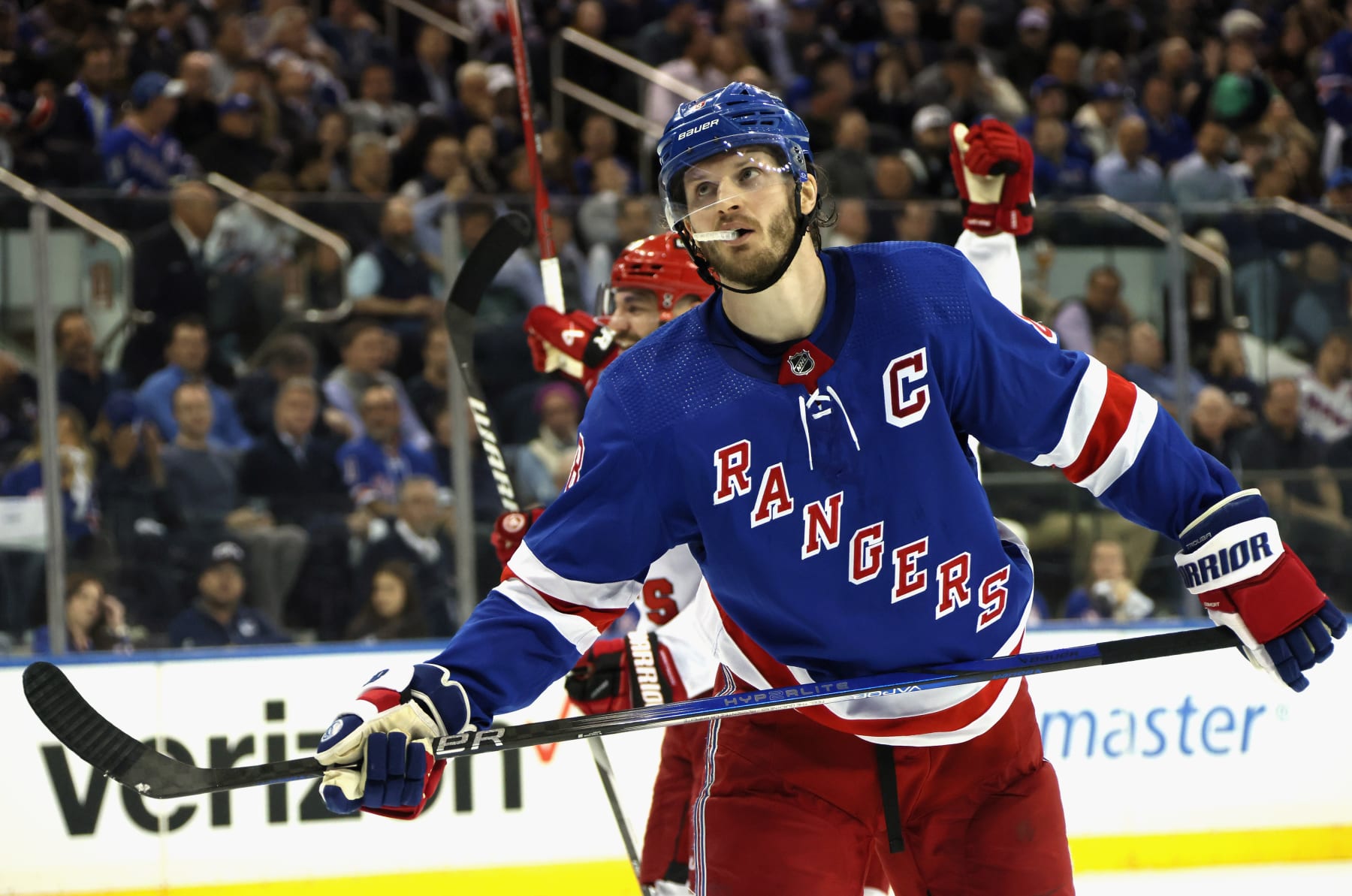 NEW YORK, NEW YORK - MAY 13: Jacob Trouba #8 of the New York Rangers reacts to a third period goal by Jordan Martinook #48 of the Carolina Hurricanes in Game Five of the Second Round of the 2024 Stanley Cup Playoffs at Madison Square Garden on May 13, 2024 in New York City.  (Photo by Bruce Bennett/Getty Images)