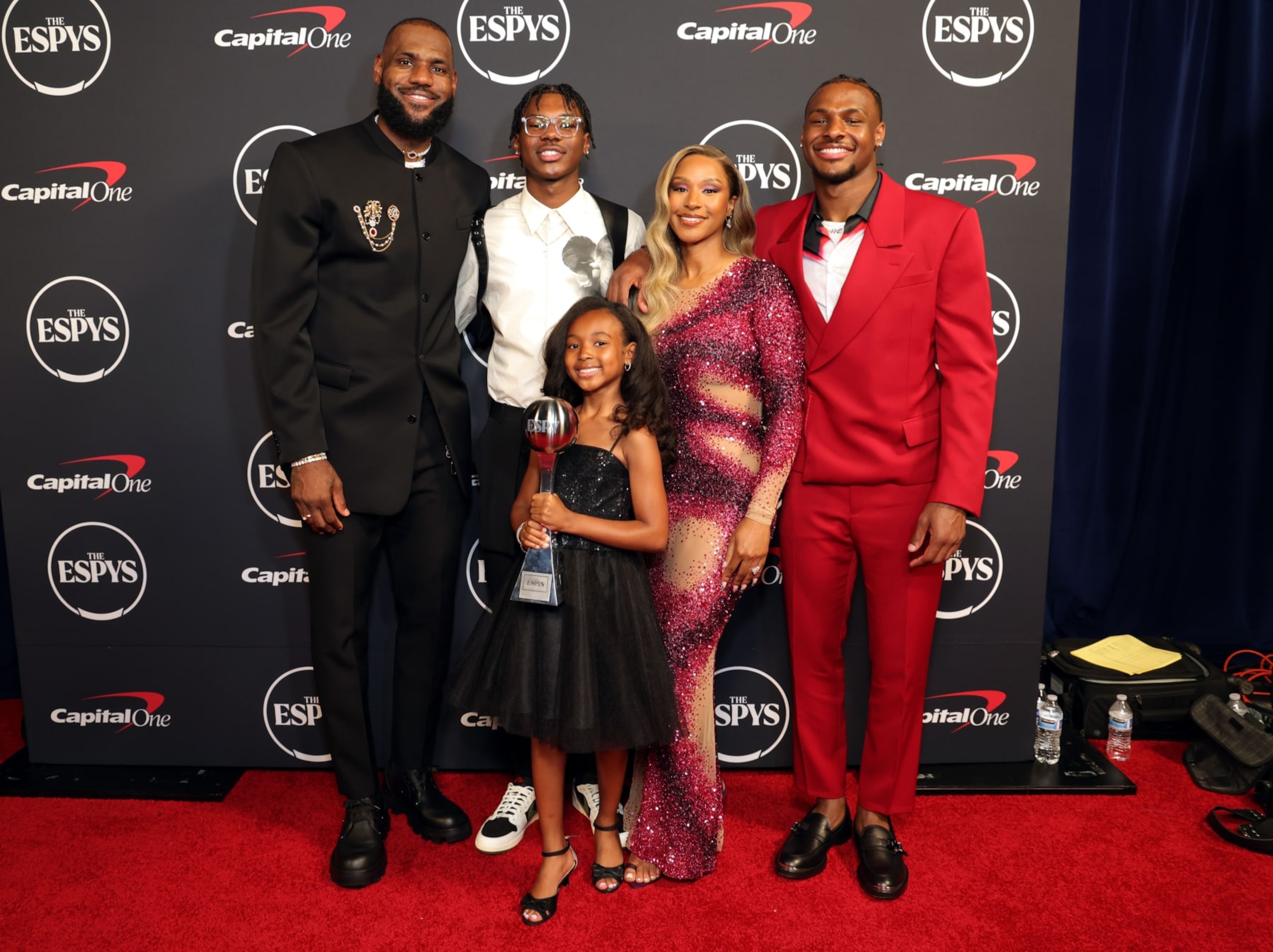 HOLLYWOOD, CALIFORNIA - JULY 12: (L-R) LeBron James, winner of Best Record-Breaking Performance, Bryce James, Zhuri James, Savannah James, and Bronny James attend The 2023 ESPY Awards at Dolby Theatre on July 12, 2023 in Hollywood, California. (Photo by Kevin Mazur/Getty Images)