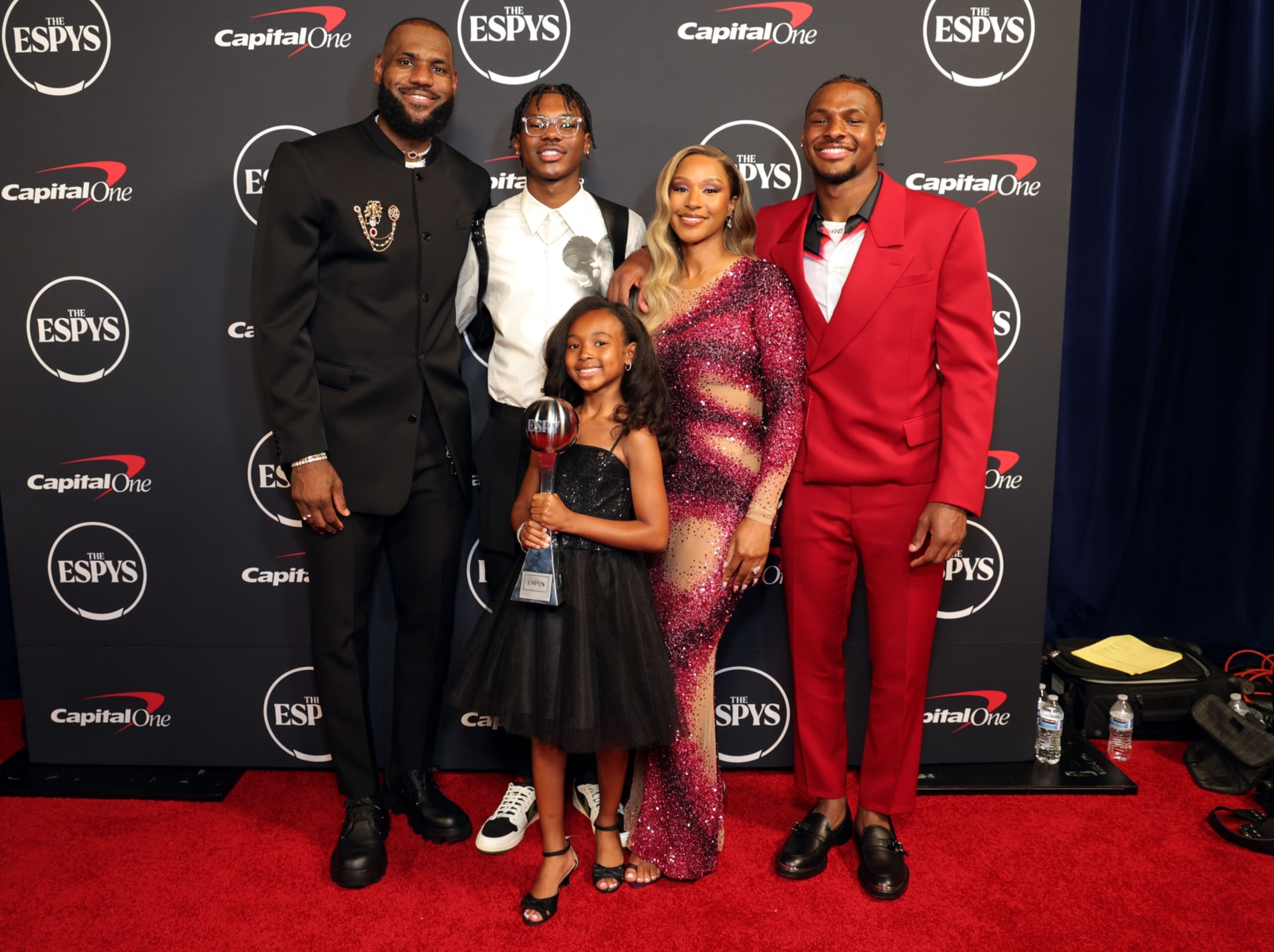 HOLLYWOOD, CALIFORNIA - JULY 12: (L-R) LeBron James, winner of Best Record-Breaking Performance, Bryce James, Zhuri James, Savannah James, and Bronny James attend The 2023 ESPY Awards at Dolby Theatre on July 12, 2023 in Hollywood, California. (Photo by Kevin Mazur/Getty Images)
