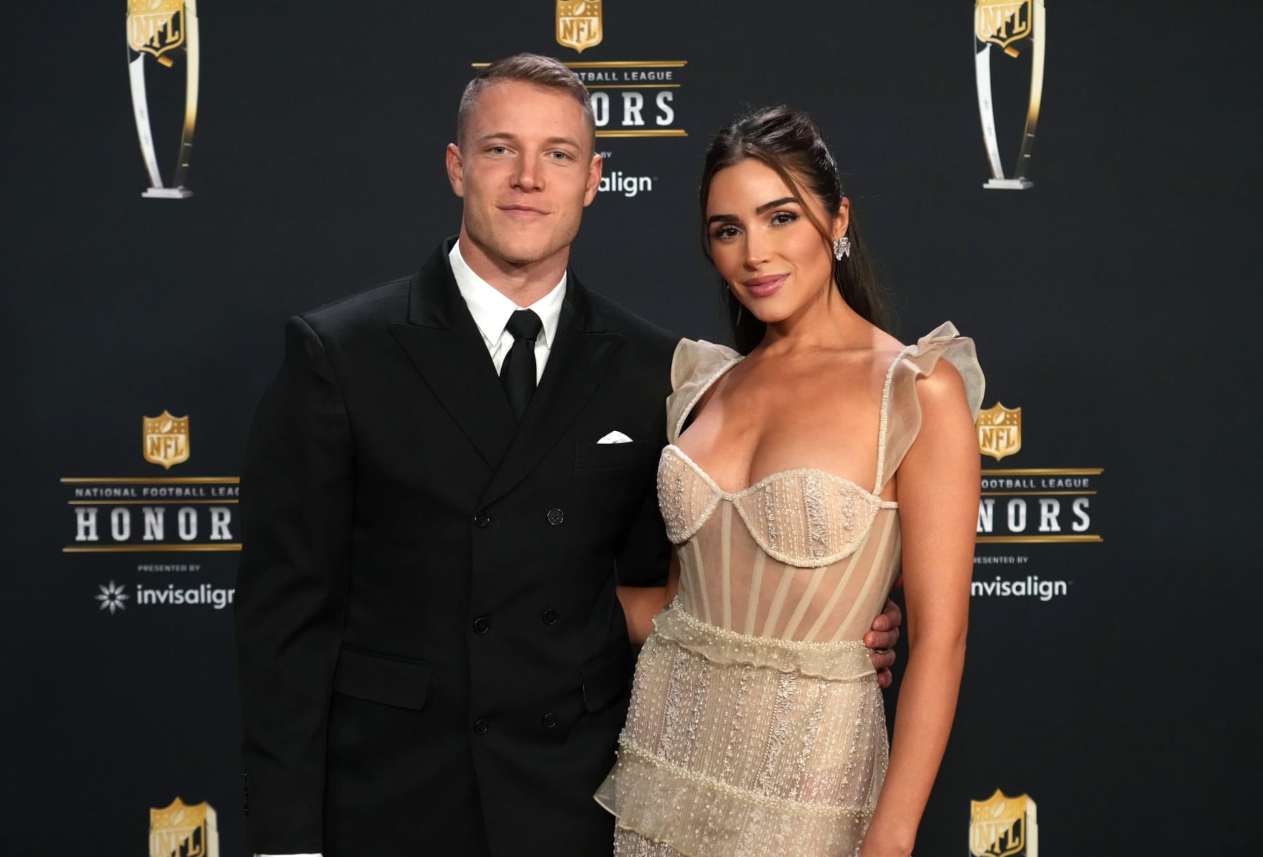 PHOENIX, ARIZONA - FEBRUARY 09: Christian McCaffrey and Olivia Culpo attend the 12th Annual NFL Honors at Symphony Hall on February 09, 2023 in Phoenix, Arizona.  (Photo by Jeff Kravitz/FilmMagic)