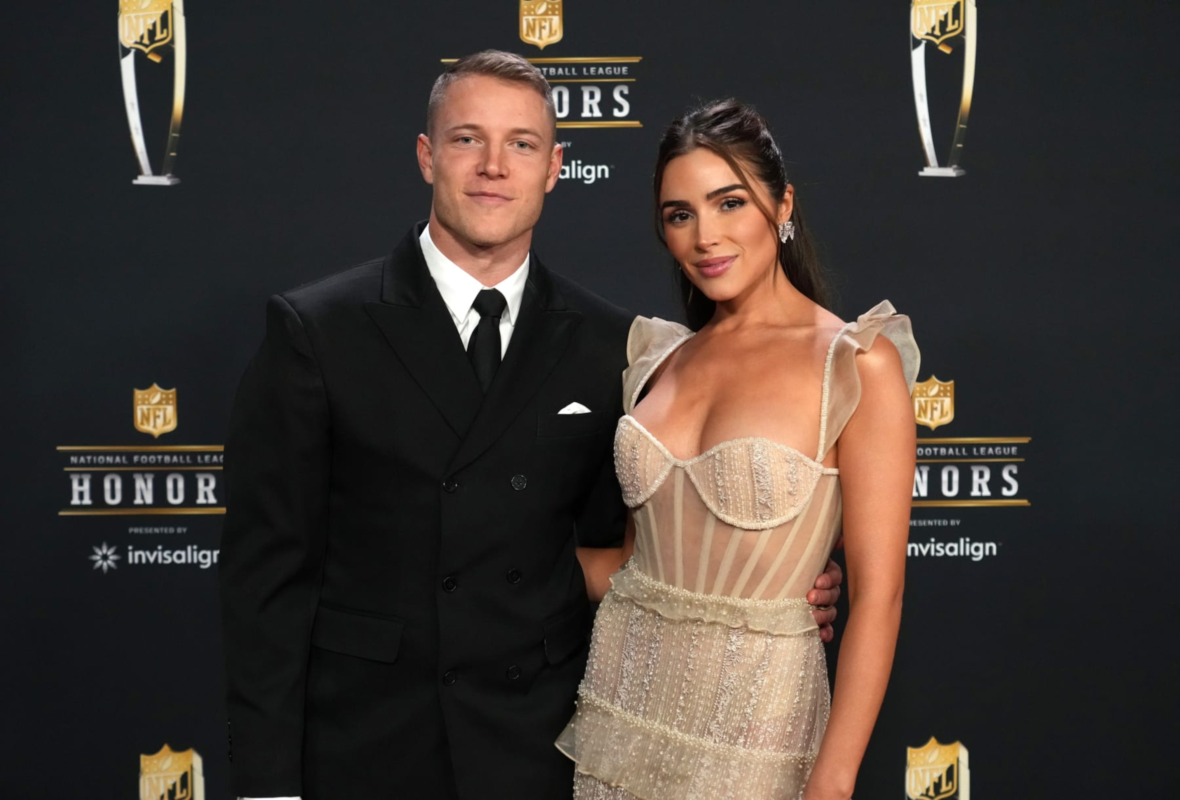PHOENIX, ARIZONA - FEBRUARY 09: Christian McCaffrey and Olivia Culpo attend the 12th Annual NFL Honors at Symphony Hall on February 09, 2023 in Phoenix, Arizona.  (Photo by Jeff Kravitz/FilmMagic)