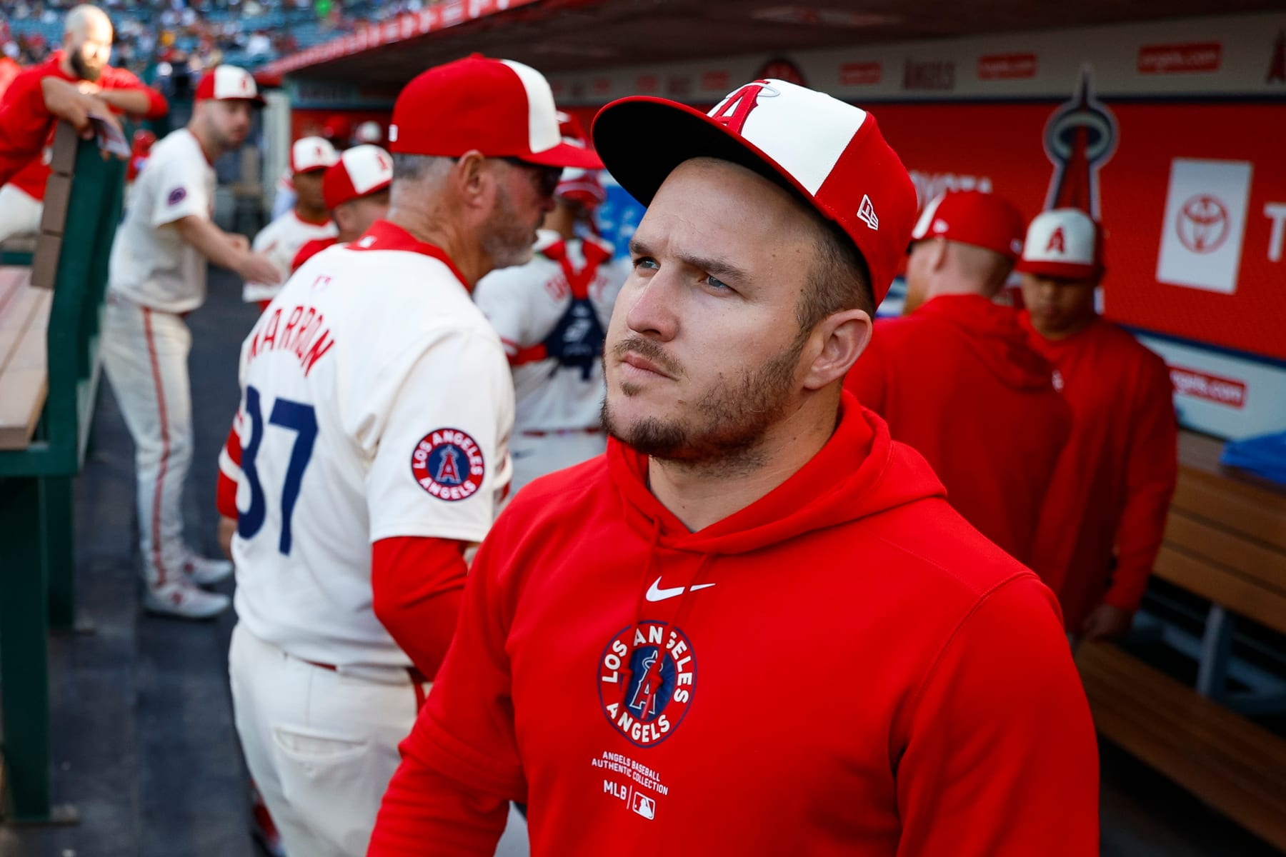 ANAHEIM, CALIFORNIA - JUNE 5: Mike Trout #27 of the Los Angeles Angels looks on in the dugout prior to a game against the San Diego Padres at Angel Stadium of Anaheim on June 5, 2024 in Anaheim, California. (Photo by Brandon Sloter/Getty Images)