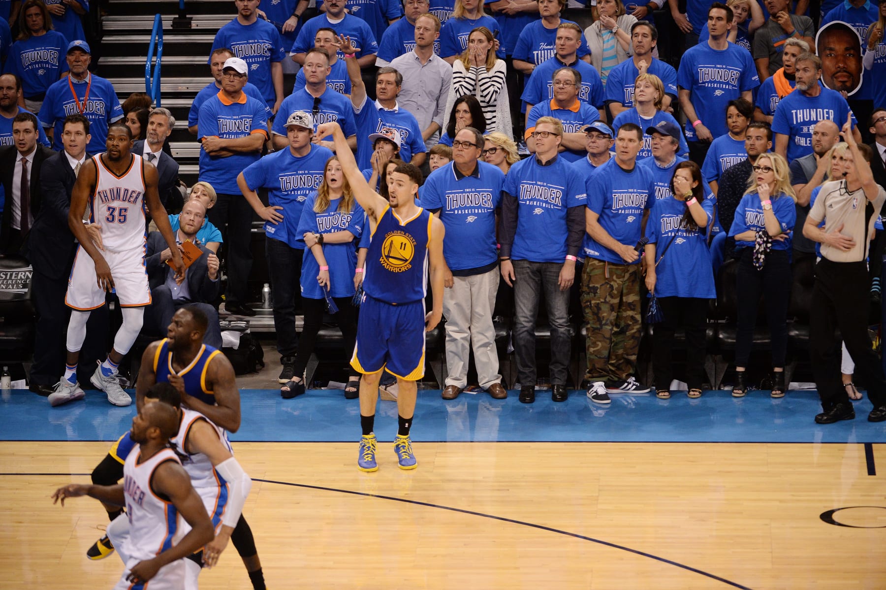 OKLAHOMA CITY, OK- MAY 28:  Klay Thompson #11 of the Golden State Warriors celebrates during the game against the Oklahoma City Thunder in Game Six of the Western Conference Finals during the 2016 NBA Playoffs on May 28, 2016 at Chesapeake Energy Arena in Oklahoma City, Oklahoma. NOTE TO USER: User expressly acknowledges and agrees that, by downloading and or using this photograph, User is consenting to the terms and conditions of the Getty Images License Agreement. Mandatory Copyright Notice: Copyright 2016 NBAE (Photo by Noah Graham/NBAE via Getty Images)