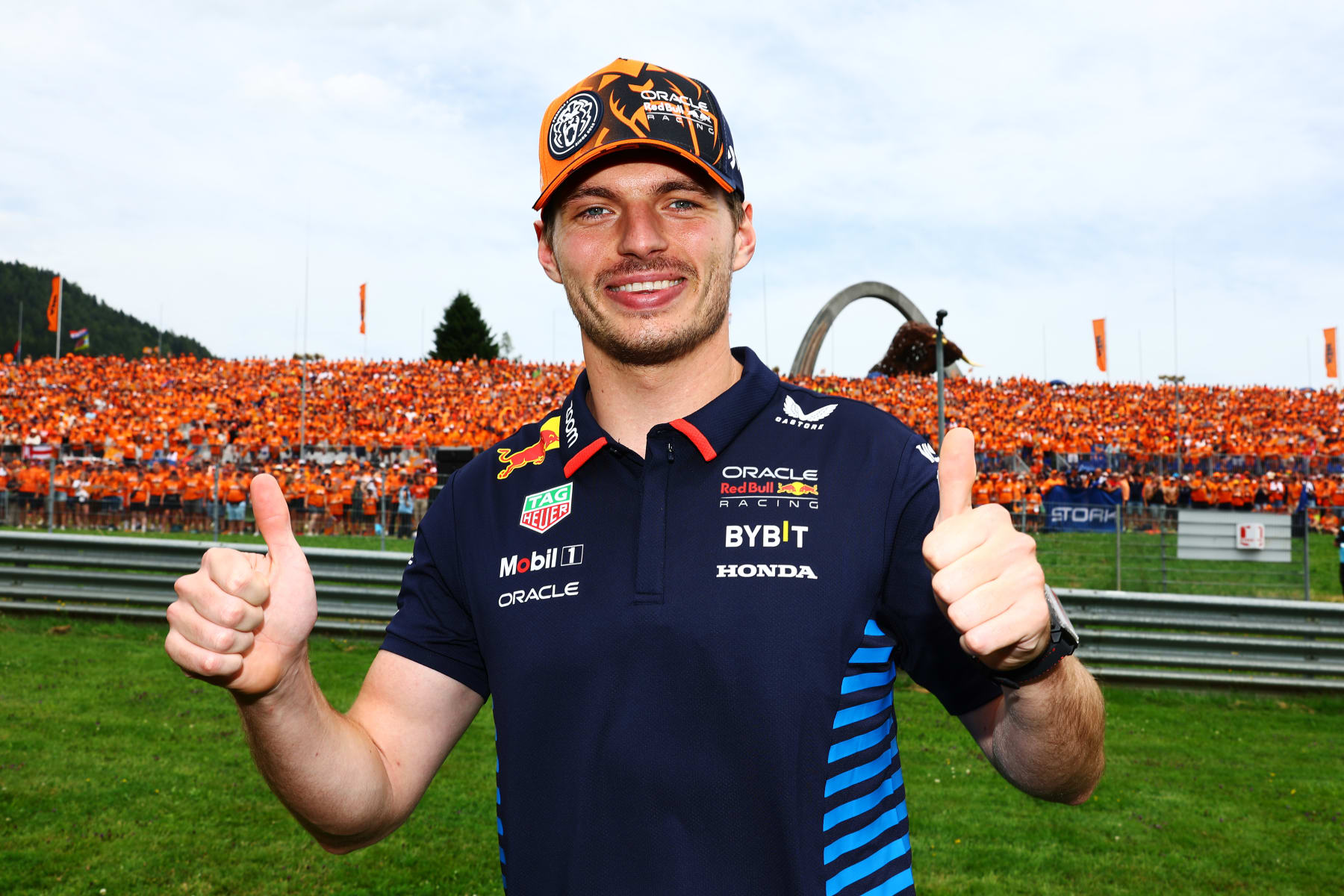 SPIELBERG, AUSTRIA - JUNE 30: Max Verstappen of the Netherlands and Oracle Red Bull Racing poses for a photo on the drivers parade prior to the F1 Grand Prix of Austria at Red Bull Ring on June 30, 2024 in Spielberg, Austria. (Photo by Mark Thompson/Getty Images)