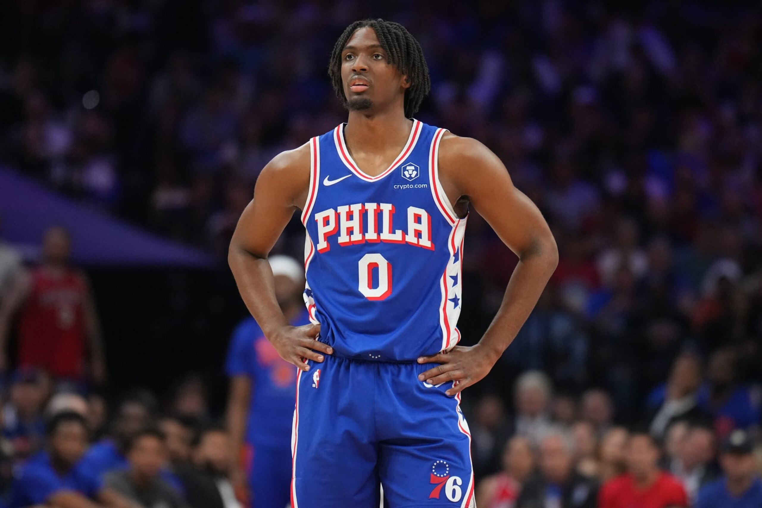 PHILADELPHIA, PA - MAY 2: Tyrese Maxey #0 of the Philadelphia 76ers looks on during the game against the New York Knicks during Round 1 Game 6 of the 2024 NBA Playoffs on May 2, 2024 at the Wells Fargo Center in Philadelphia, Pennsylvania NOTE TO USER: User expressly acknowledges and agrees that, by downloading and/or using this Photograph, user is consenting to the terms and conditions of the Getty Images License Agreement. Mandatory Copyright Notice: Copyright 2024 NBAE (Photo by Jesse D. Garrabrant/NBAE via Getty Images)