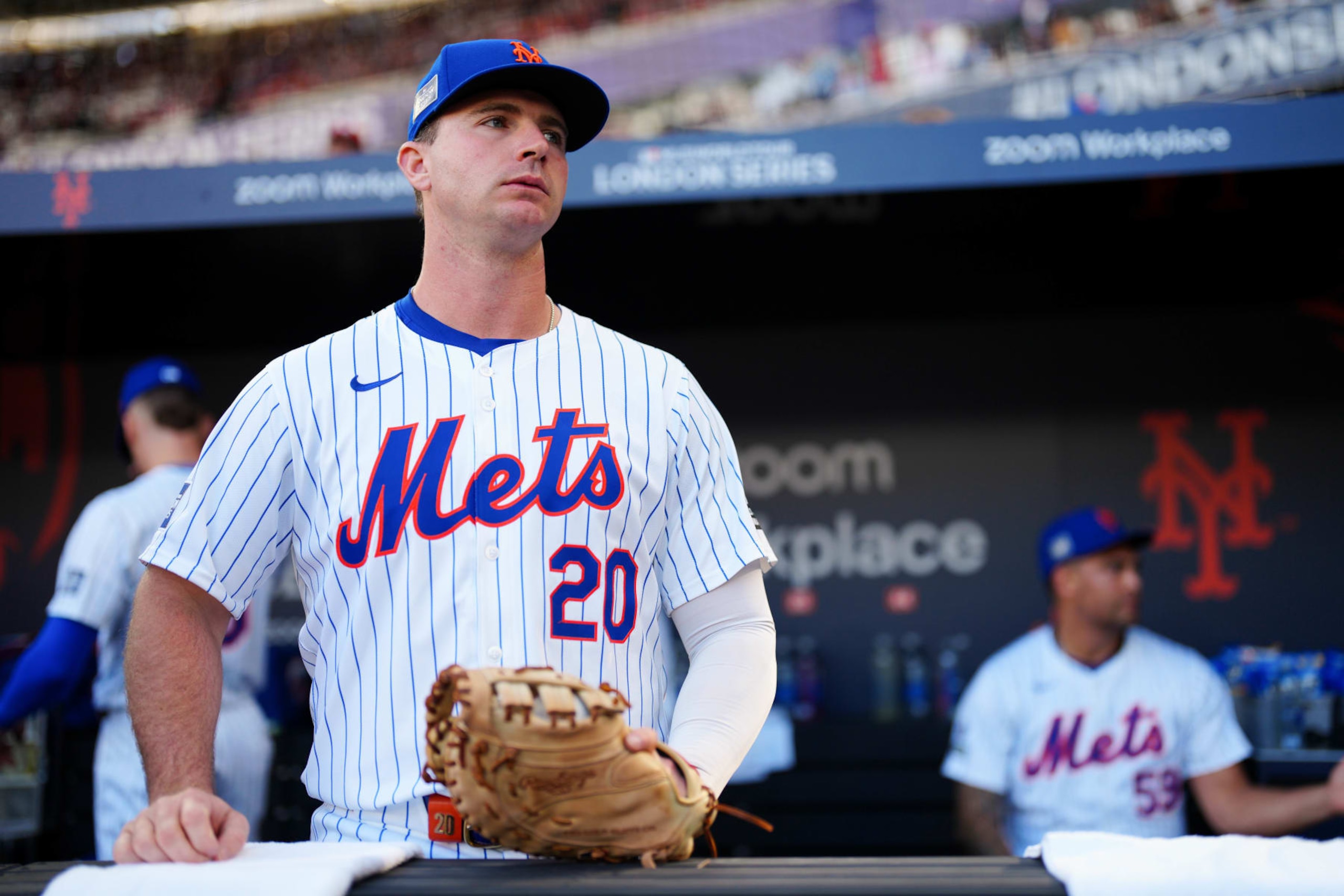 LONDON, ENGLAND - JUNE 08:  Pete Alonso #20 of the New York Mets looks on prior to the 2024 London Series game between the Philadelphia Phillies and the New York Mets at London Stadium on Saturday, June 8, 2024 in London, England. (Photo by Daniel Shirey/MLB Photos via Getty Images)