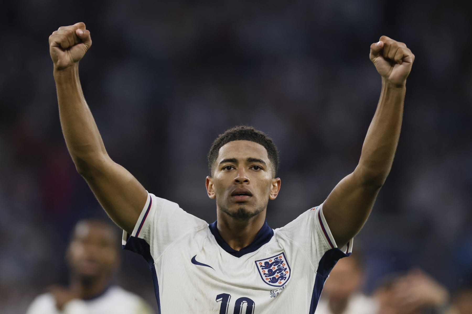 GELSENKIRCHEN, GERMANY - JUNE 30: Jude Bellingham of England celebrates after the UEFA EURO 2024 round of 16 match between England and Slovakia at Arena AufSchalke on June 30, 2024 in Gelsenkirchen, Germany. (Photo by Richard Sellers/Sportsphoto/Allstar via Getty Images)