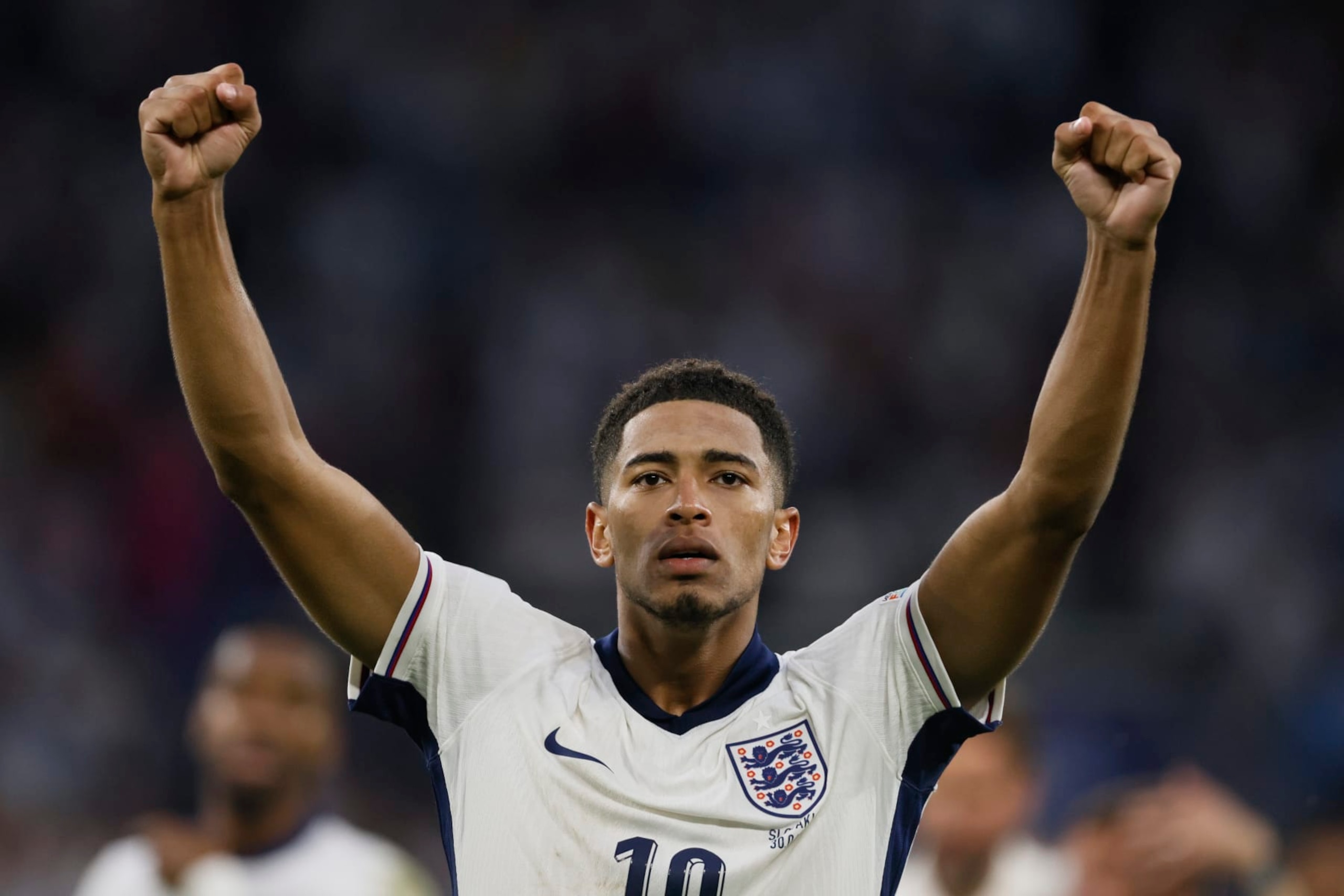GELSENKIRCHEN, GERMANY - JUNE 30: Jude Bellingham of England celebrates after the UEFA EURO 2024 round of 16 match between England and Slovakia at Arena AufSchalke on June 30, 2024 in Gelsenkirchen, Germany. (Photo by Richard Sellers/Sportsphoto/Allstar via Getty Images)
