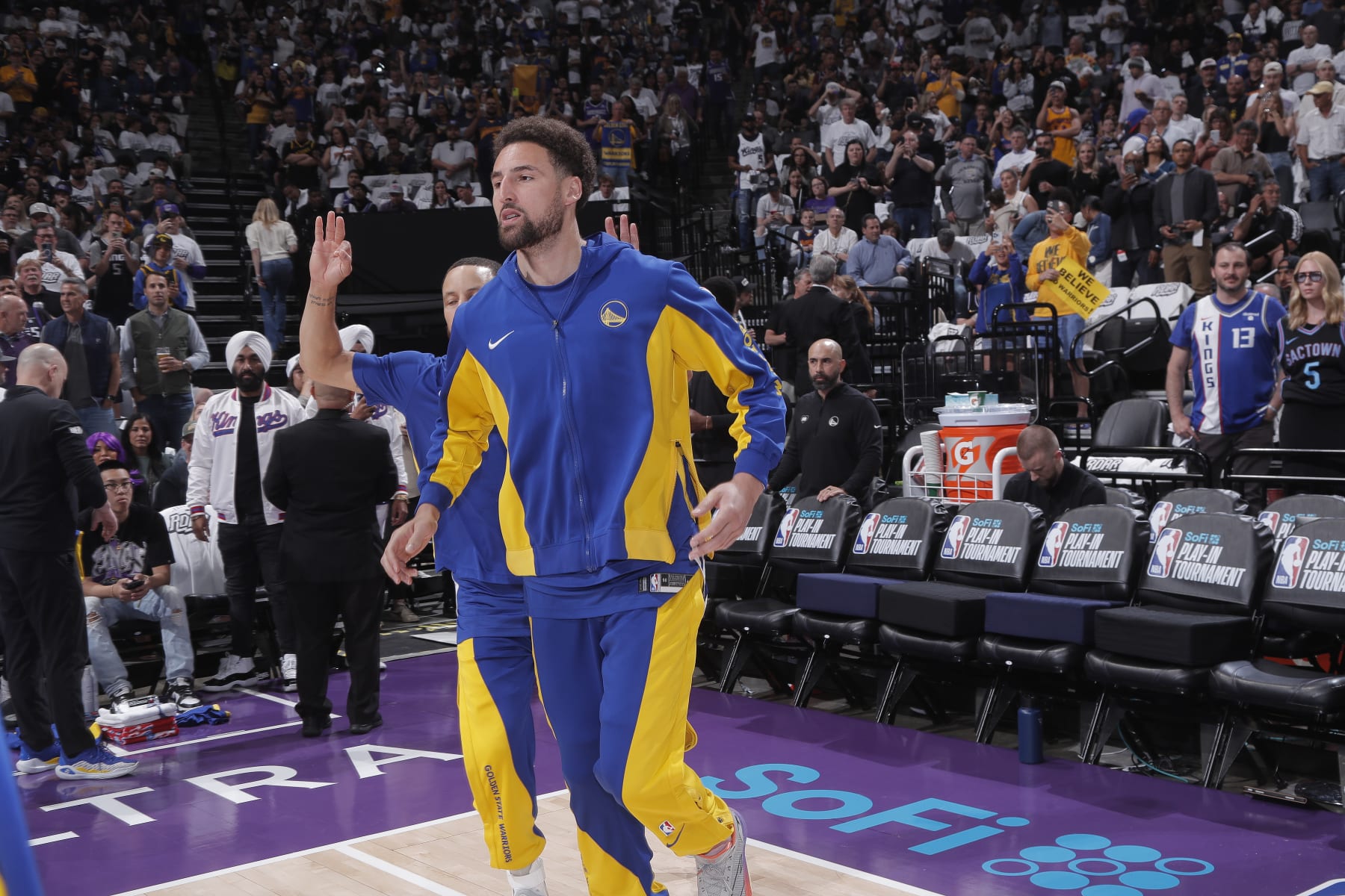 SACRAMENTO, CA - APRIL 16: Klay Thompson #11 of the Golden State Warriors looks on prior to the game against the Sacramento Kings during the 2024 Play-In Tournament on April 16, 2024 at Golden 1 Center in Sacramento, California. NOTE TO USER: User expressly acknowledges and agrees that, by downloading and or using this photograph, User is consenting to the terms and conditions of the Getty Images Agreement. Mandatory Copyright Notice: Copyright 2024 NBAE (Photo by Rocky Widner/NBAE via Getty Images)
