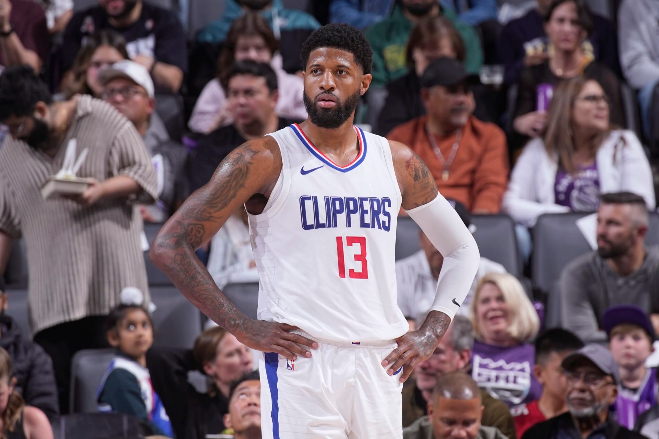 SACRAMENTO, CA - APRIL 2: Paul George #13 of the Los Angeles Clippers looks on during the game against the Sacramento Kings on April 2, 2024 at Golden 1 Center in Sacramento, California. NOTE TO USER: User expressly acknowledges and agrees that, by downloading and or using this photograph, User is consenting to the terms and conditions of the Getty Images Agreement. Mandatory Copyright Notice: Copyright 2024 NBAE (Photo by Rocky Widner/NBAE via Getty Images)