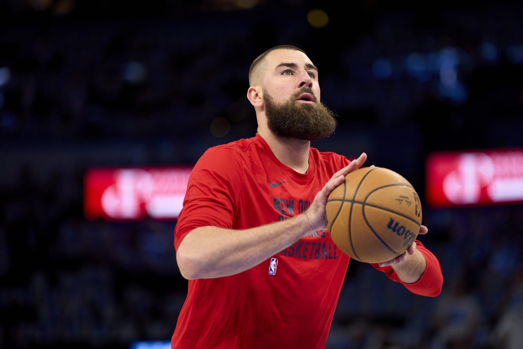 OKLAHOMA CITY, OKLAHOMA - APRIL 21: Jonas Valanciunas #17 of the New Orleans Pelicans warms up before tipoff against the Oklahoma City Thunder in game one of the Western Conference First Round Playoffs at the Paycom Center on April 21, 2024 in Oklahoma City, Oklahoma. NOTE TO USER: User expressly acknowledges and agrees that, by downloading and or using this photograph, User is consenting to the terms and conditions of the Getty Images License Agreement.  (Photo by Cooper Neill/Getty Images)