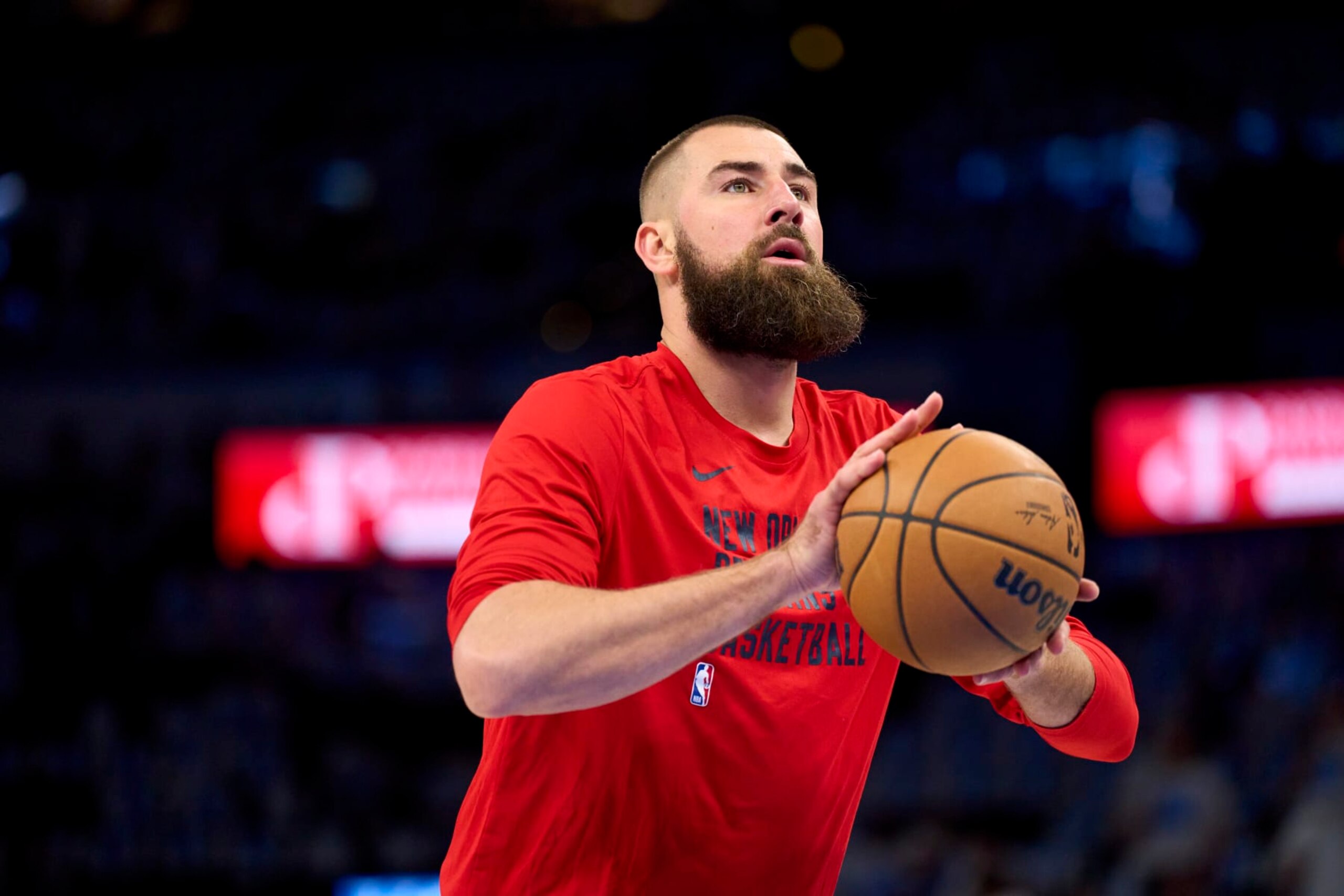 OKLAHOMA CITY, OKLAHOMA - APRIL 21: Jonas Valanciunas #17 of the New Orleans Pelicans warms up before tipoff against the Oklahoma City Thunder in game one of the Western Conference First Round Playoffs at the Paycom Center on April 21, 2024 in Oklahoma City, Oklahoma. NOTE TO USER: User expressly acknowledges and agrees that, by downloading and or using this photograph, User is consenting to the terms and conditions of the Getty Images License Agreement.  (Photo by Cooper Neill/Getty Images)