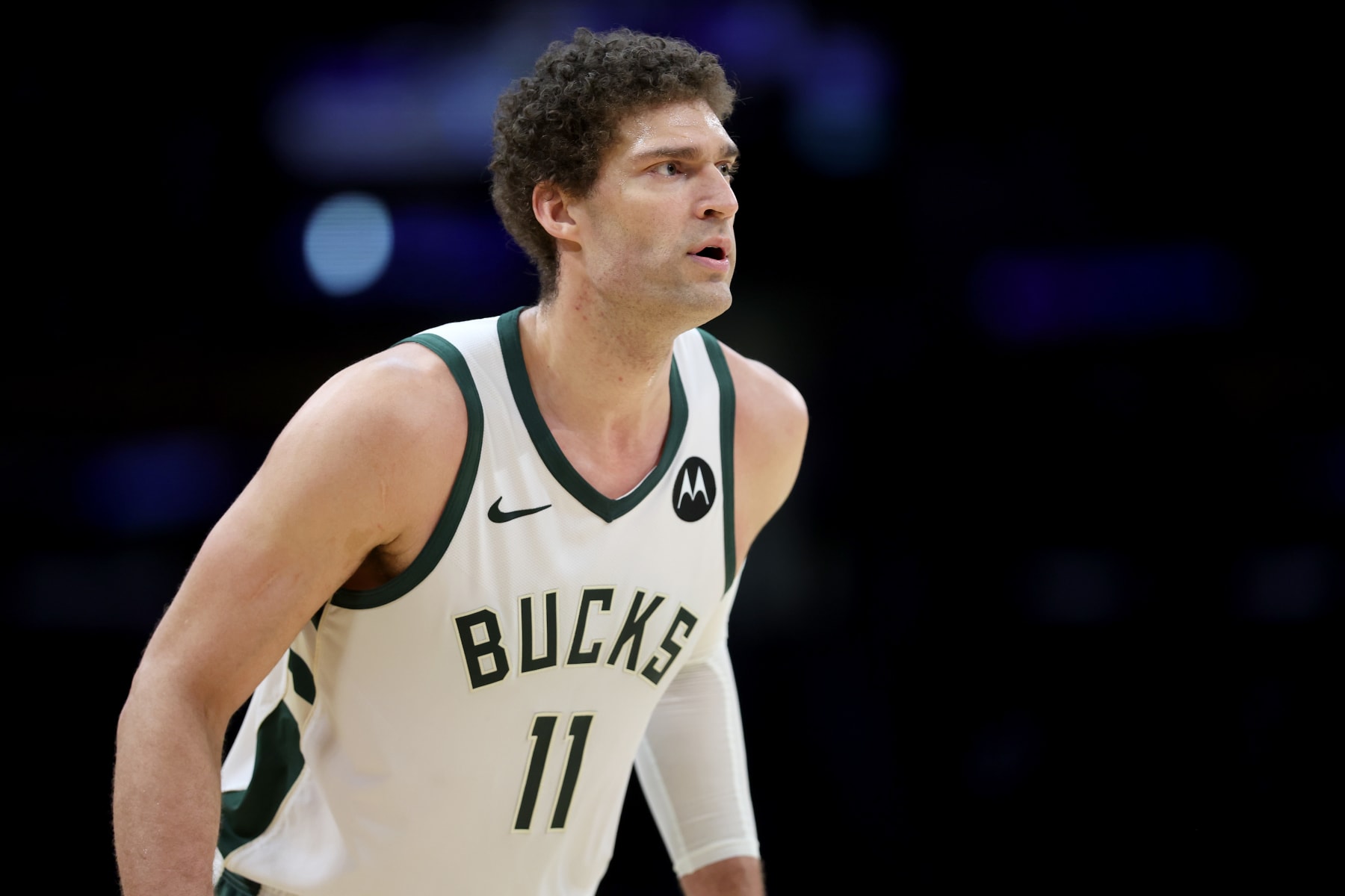 LOS ANGELES, CALIFORNIA - MARCH 08: Brook Lopez #11 of the Milwaukee Bucks looks on during the first half of a game against the Los Angeles Lakers at Crypto.com Arena on March 08, 2024 in Los Angeles, California. (Photo by Sean M. Haffey/Getty Images)