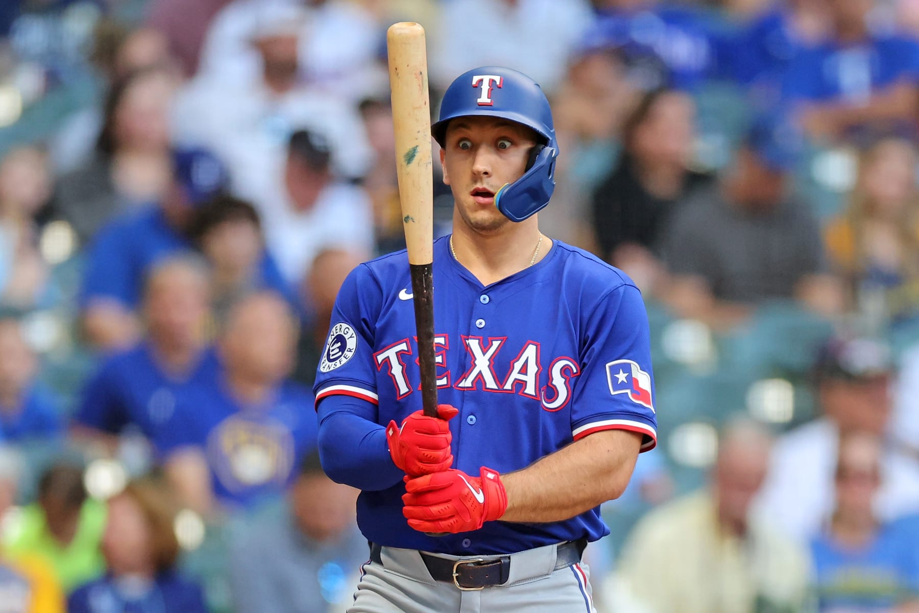 MILWAUKEE, WISCONSIN - JUNE 24: Wyatt Langford #36 of the Texas Rangers at bat during the second inning \abb at American Family Field on June 24, 2024 in Milwaukee, Wisconsin. (Photo by Stacy Revere/Getty Images)