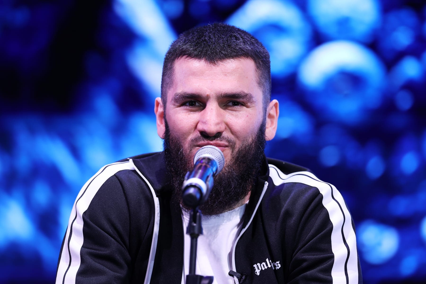 LONDON, ENGLAND - APRIL 15: Artur Beterbiev looks on during a press conference ahead of the Artur Beterbiev and Dmitrill Bivol WBA, WBC, IBF & WBO Light Heavyweight fight at Outernet London on April 15, 2024 in London, England. (Photo by Richard Pelham/Getty Images)