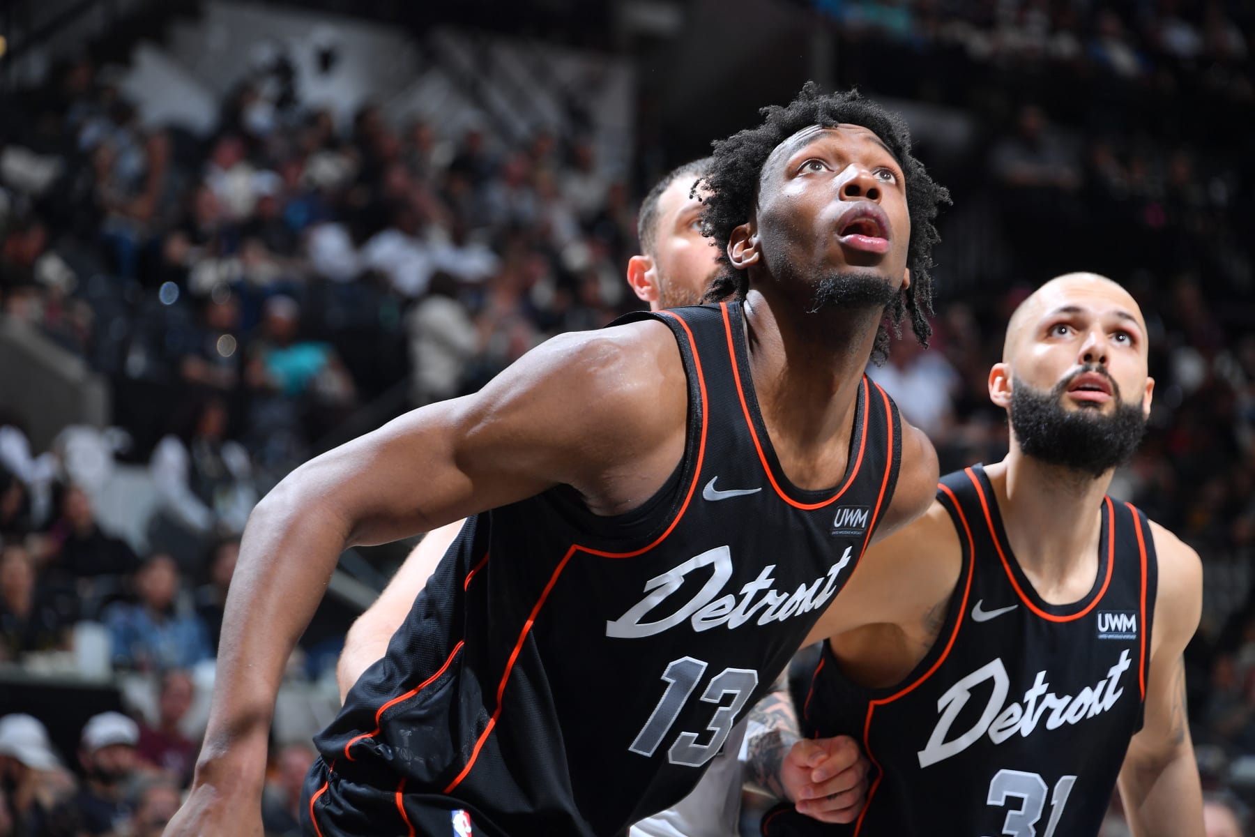 SAN ANTONIO, TX - APRIL 14: James Wiseman #13 of the Detroit Pistons looks on during the game against the San Antonio Spurs on April 14, 2024 at the Frost Bank Center in San Antonio, Texas. NOTE TO USER: User expressly acknowledges and agrees that, by downloading and or using this photograph, user is consenting to the terms and conditions of the Getty Images License Agreement. Mandatory Copyright Notice: Copyright 2024 NBAE (Photos by Michael Gonzales/NBAE via Getty Images)