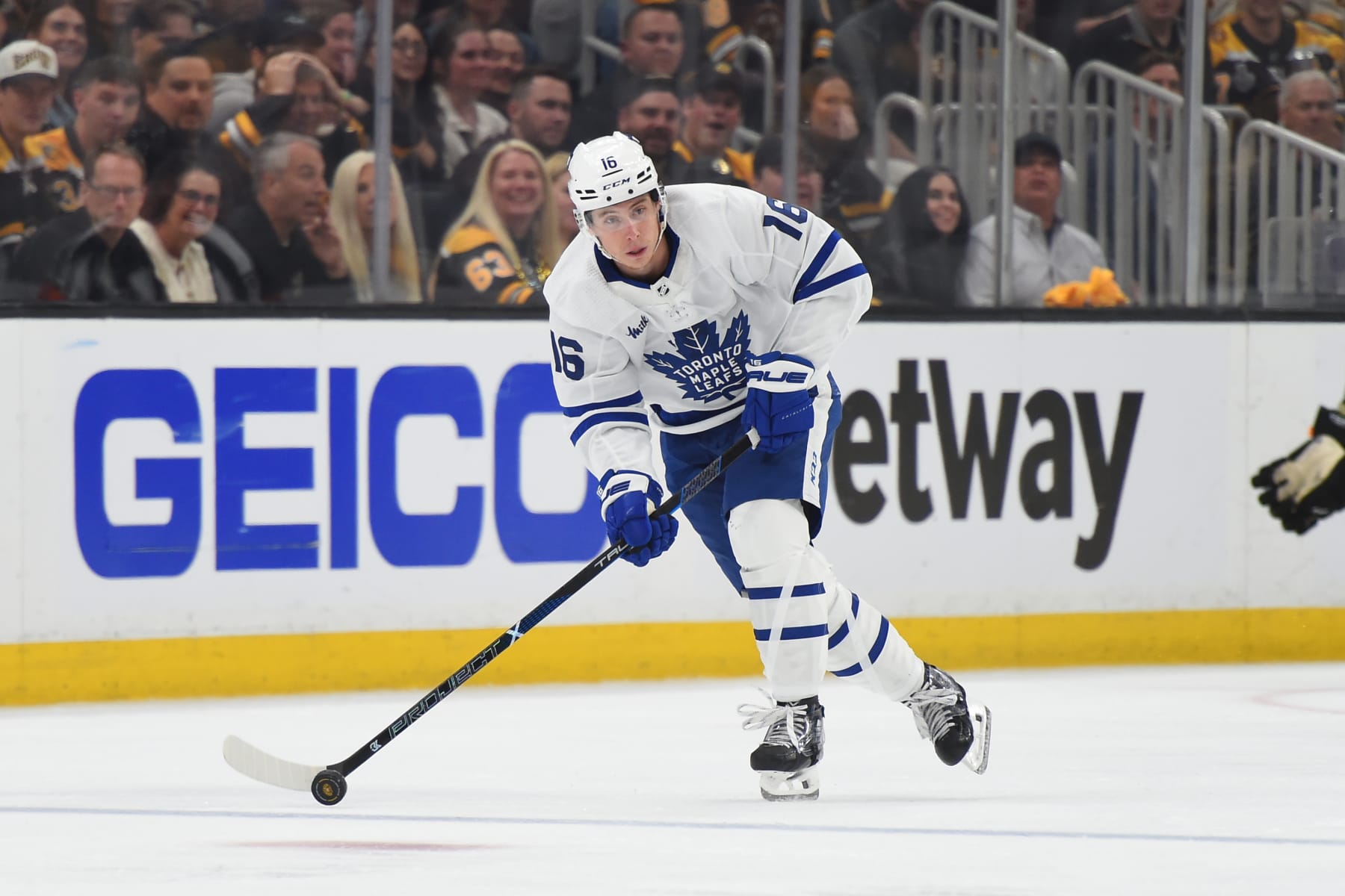 BOSTON, MASSACHUSETTS - MAY 4: Mitch Marner #16 of the Toronto Maple Leafs skates with the puck against the Boston Bruins in Game Seven of the First Round of the 2024 Stanley Cup Playoffs at the TD Garden on May 4, 2024 in Boston, Massachusetts. (Photo by Steve Babineau/NHLI via Getty Images)