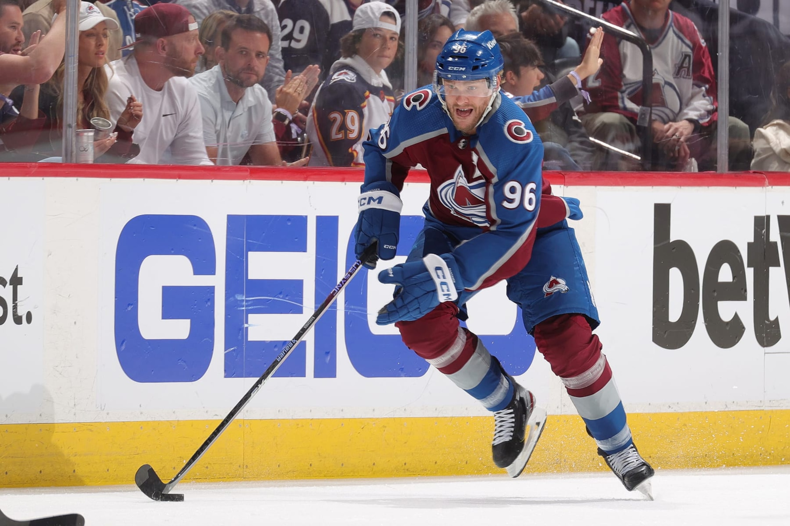 DENVER, COLORADO - MAY 17: Mikko Rantanen #96 of the Colorado Avalanche skates against the Dallas Stars in Game Six of the Second Round of the 2024 Stanley Cup Playoffs at Ball Arena on May 17, 2024 in Denver, Colorado.  (Photo by Michael Martin/NHLI via Getty Images)