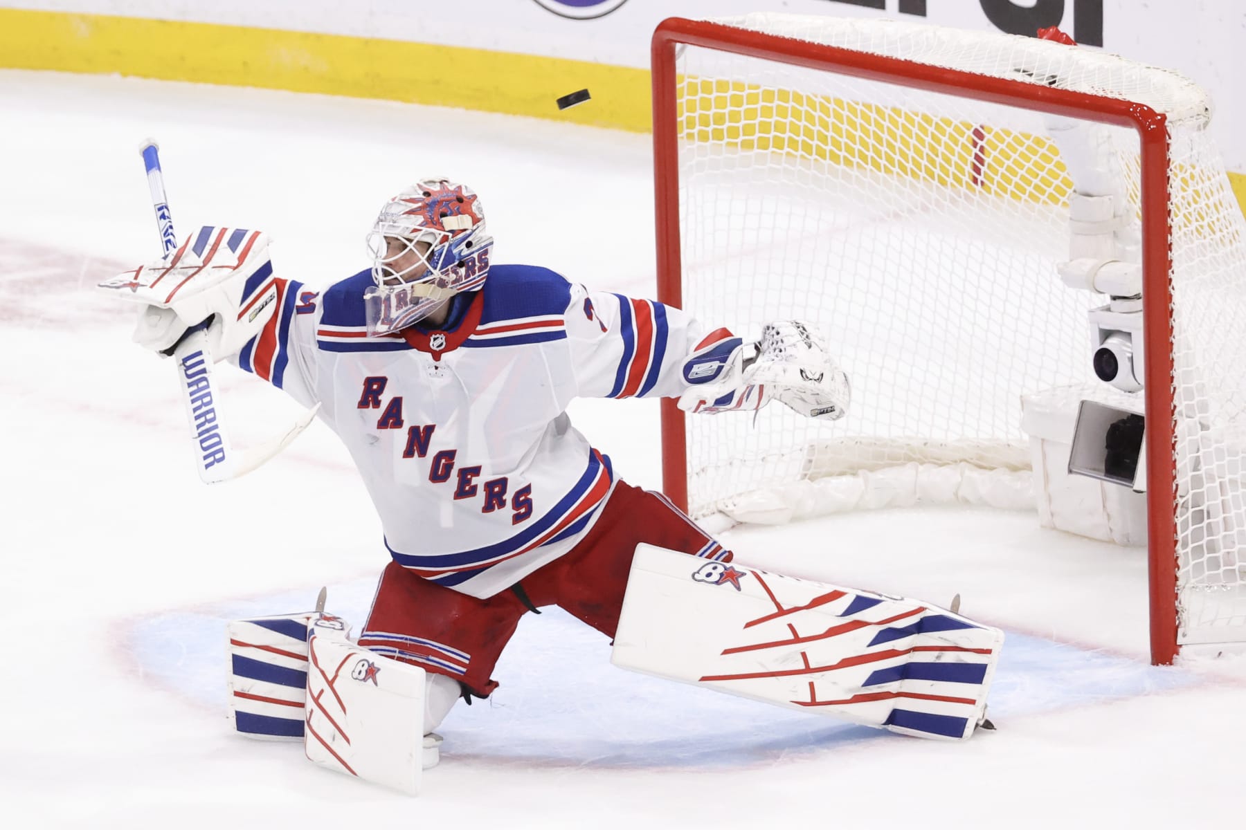 SUNRISE, FLORIDA - JUNE 01: Igor Shesterkin #31 of the New York Rangers defends his net during the second period against the Florida Panthers in Game Six of the Eastern Conference Final of the 2024 Stanley Cup Playoffs at Amerant Bank Arena on June 01, 2024 in Sunrise, Florida. (Photo by Joel Auerbach/Getty Images)