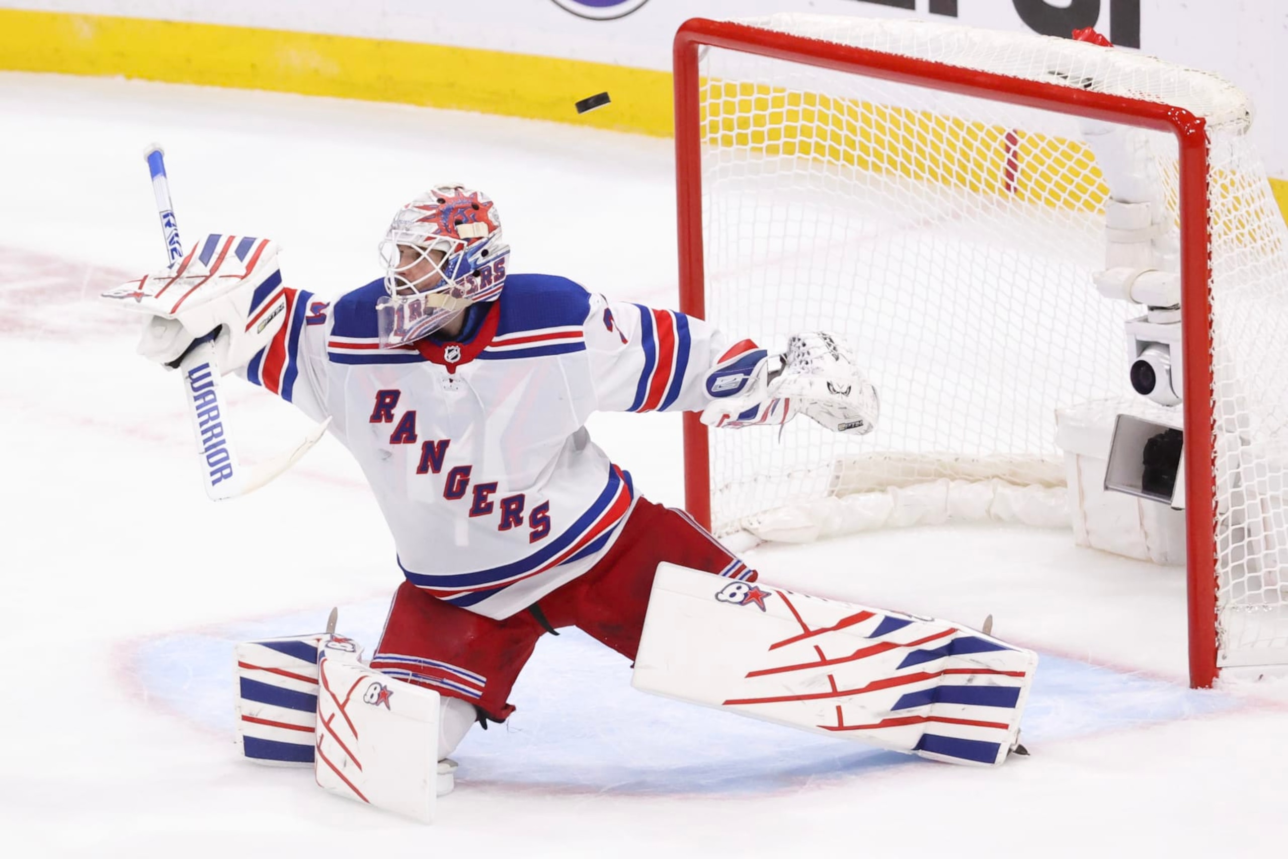 SUNRISE, FLORIDA - JUNE 01: Igor Shesterkin #31 of the New York Rangers defends his net during the second period against the Florida Panthers in Game Six of the Eastern Conference Final of the 2024 Stanley Cup Playoffs at Amerant Bank Arena on June 01, 2024 in Sunrise, Florida. (Photo by Joel Auerbach/Getty Images)