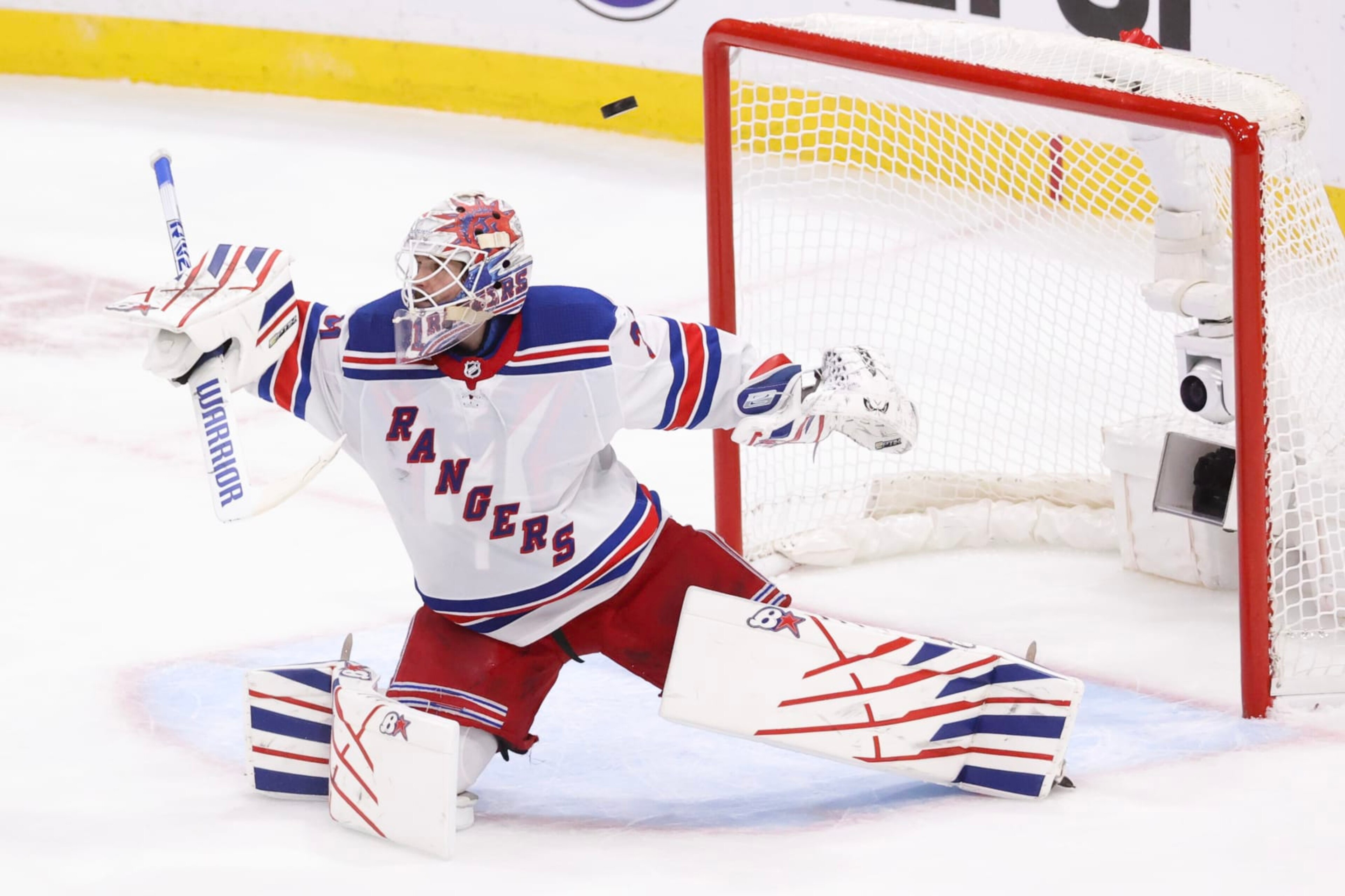 SUNRISE, FLORIDA - JUNE 01: Igor Shesterkin #31 of the New York Rangers defends his net during the second period against the Florida Panthers in Game Six of the Eastern Conference Final of the 2024 Stanley Cup Playoffs at Amerant Bank Arena on June 01, 2024 in Sunrise, Florida. (Photo by Joel Auerbach/Getty Images)