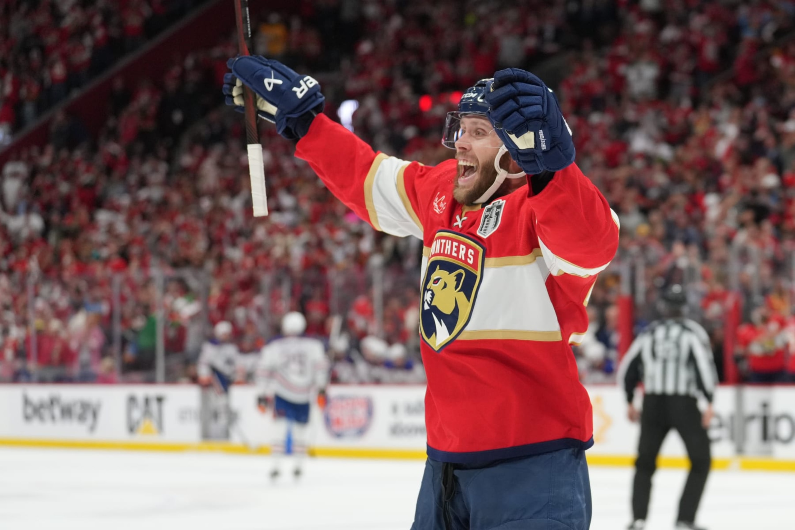 SUNRISE, FL - JUNE 24: Florida Panthers center Carter Verhaeghe (23) celebrates a goal in the second period during game seven of the Stanley Cup Finals between the Edmonton Oilers and the Florida Panthers on Monday, June 24, 2024  at Amerant Bank Arena in Sunrise, Fla. (Photo by Peter Joneleit/Icon Sportswire via Getty Images)