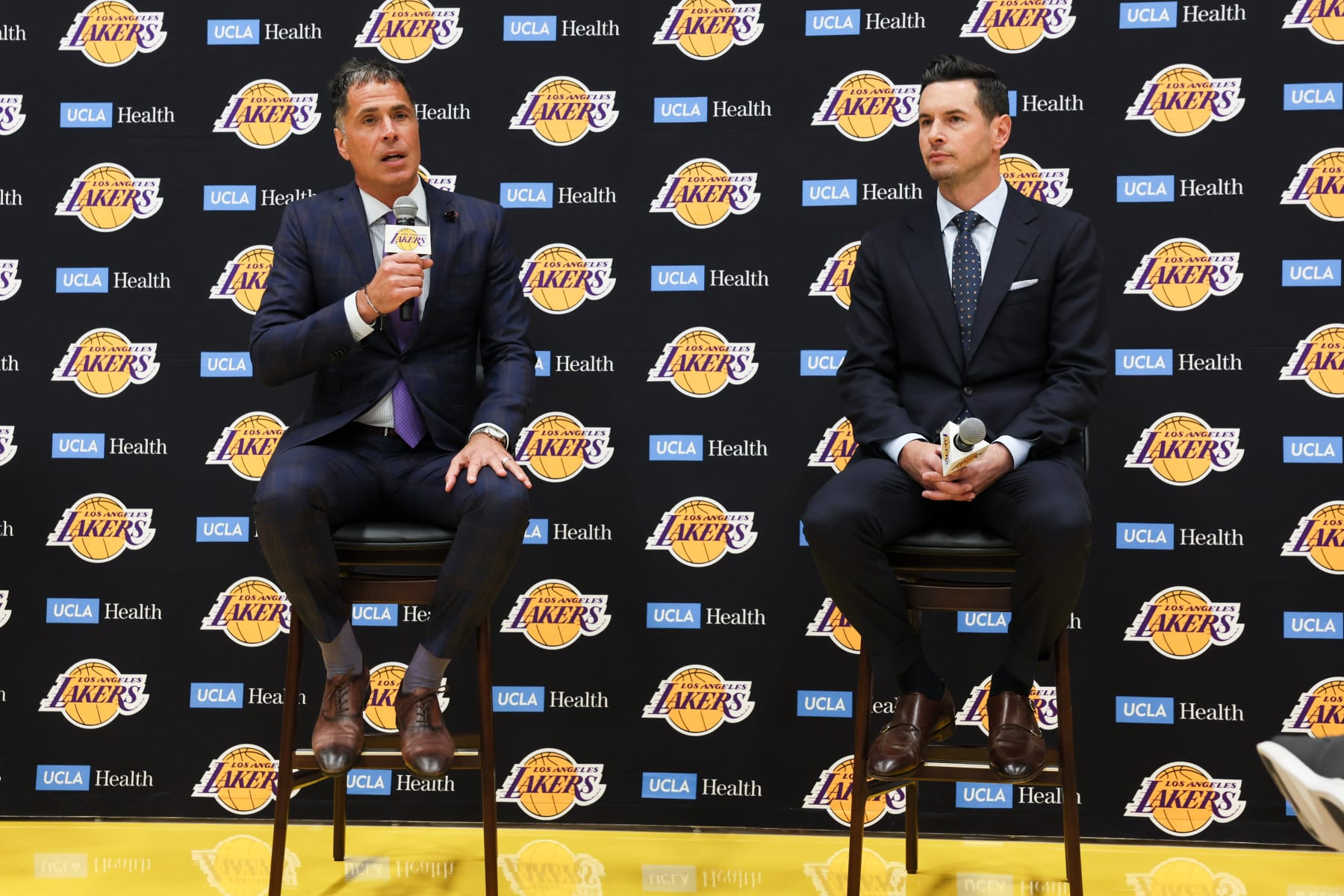 LOS ANGELES, CALIFORNIA - JUNE 24: Rob Pelinka speaks as the Los Angeles Lakers host a press conference to introduce JJ Redick, right, as the new head coach at UCLA Health Training Center on Monday, June 24, 2024 in Los Angeles, CA. (Robert Gauthier / Los Angeles Times via Getty Images)