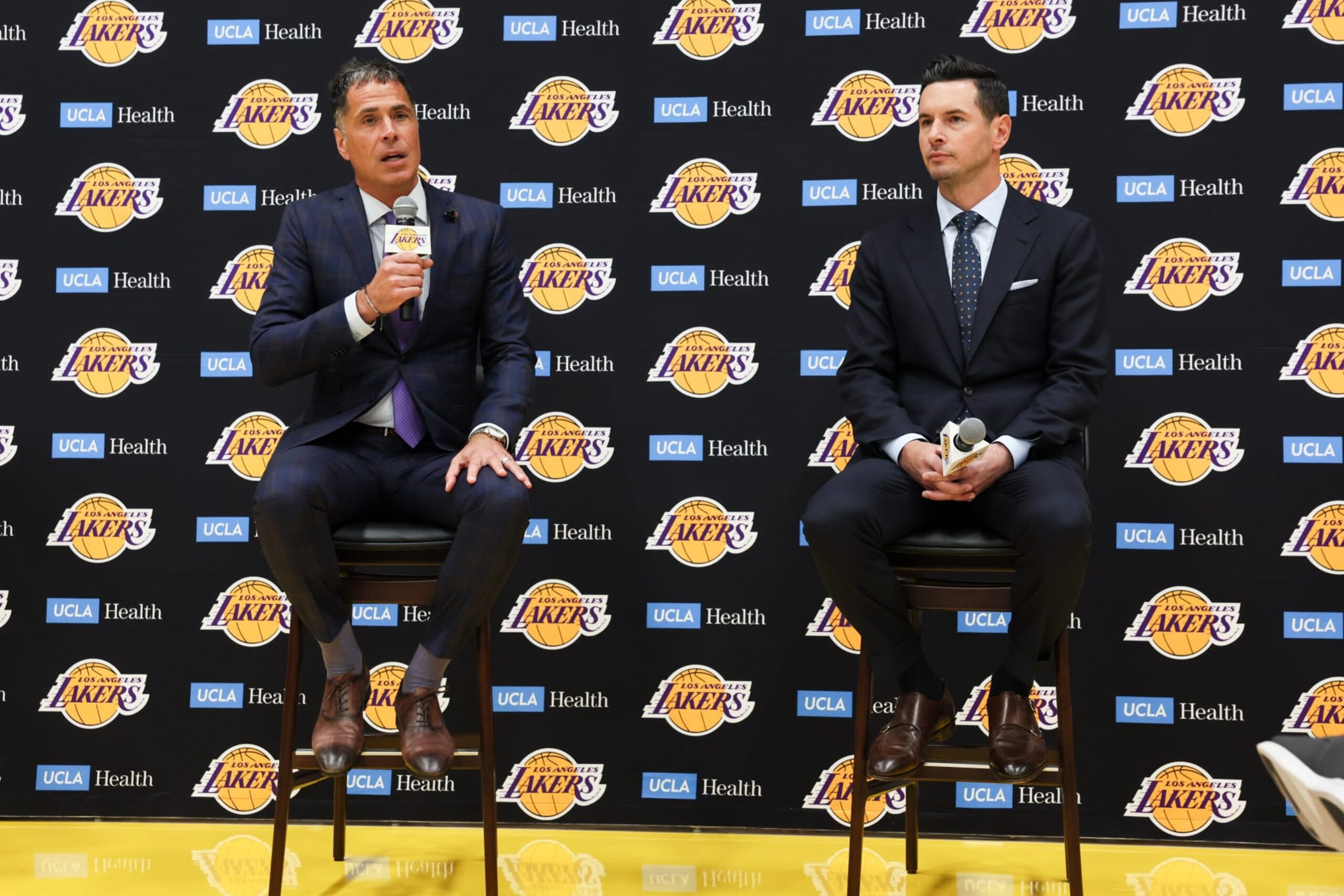 LOS ANGELES, CALIFORNIA - JUNE 24: Rob Pelinka speaks as the Los Angeles Lakers host a press conference to introduce JJ Redick, right, as the new head coach at UCLA Health Training Center on Monday, June 24, 2024 in Los Angeles, CA. (Robert Gauthier / Los Angeles Times via Getty Images)