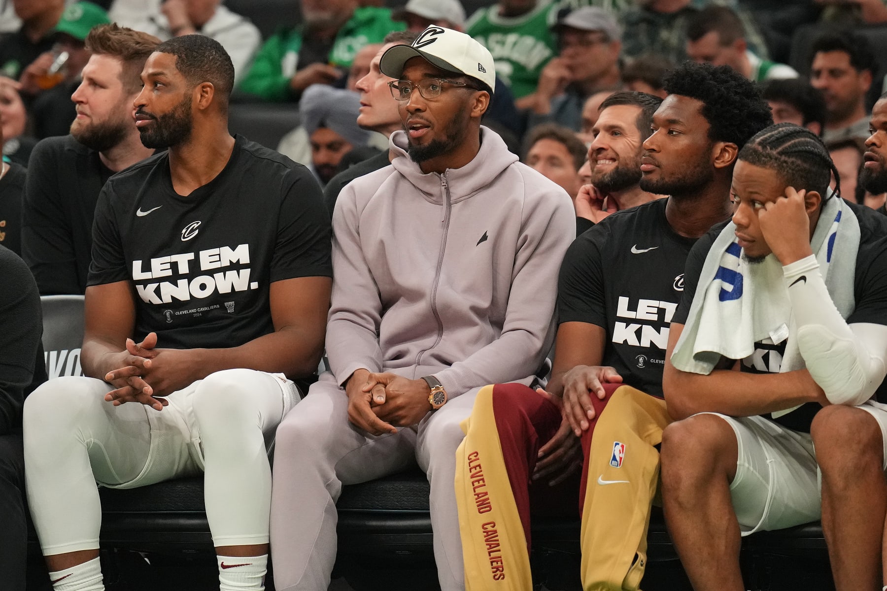 BOSTON, MA - MAY 15: Donovan Mitchell #45 of the Cleveland Cavaliers looks on during the game against the Boston Celtics during Round 2 Game 5 of the 2024 NBA Playoffs on May 15, 2024 at the TD Garden in Boston, Massachusetts. NOTE TO USER: User expressly acknowledges and agrees that, by downloading and or using this photograph, User is consenting to the terms and conditions of the Getty Images License Agreement. Mandatory Copyright Notice: Copyright 2024 NBAE  (Photo by Jesse D. Garrabrant/NBAE via Getty Images)