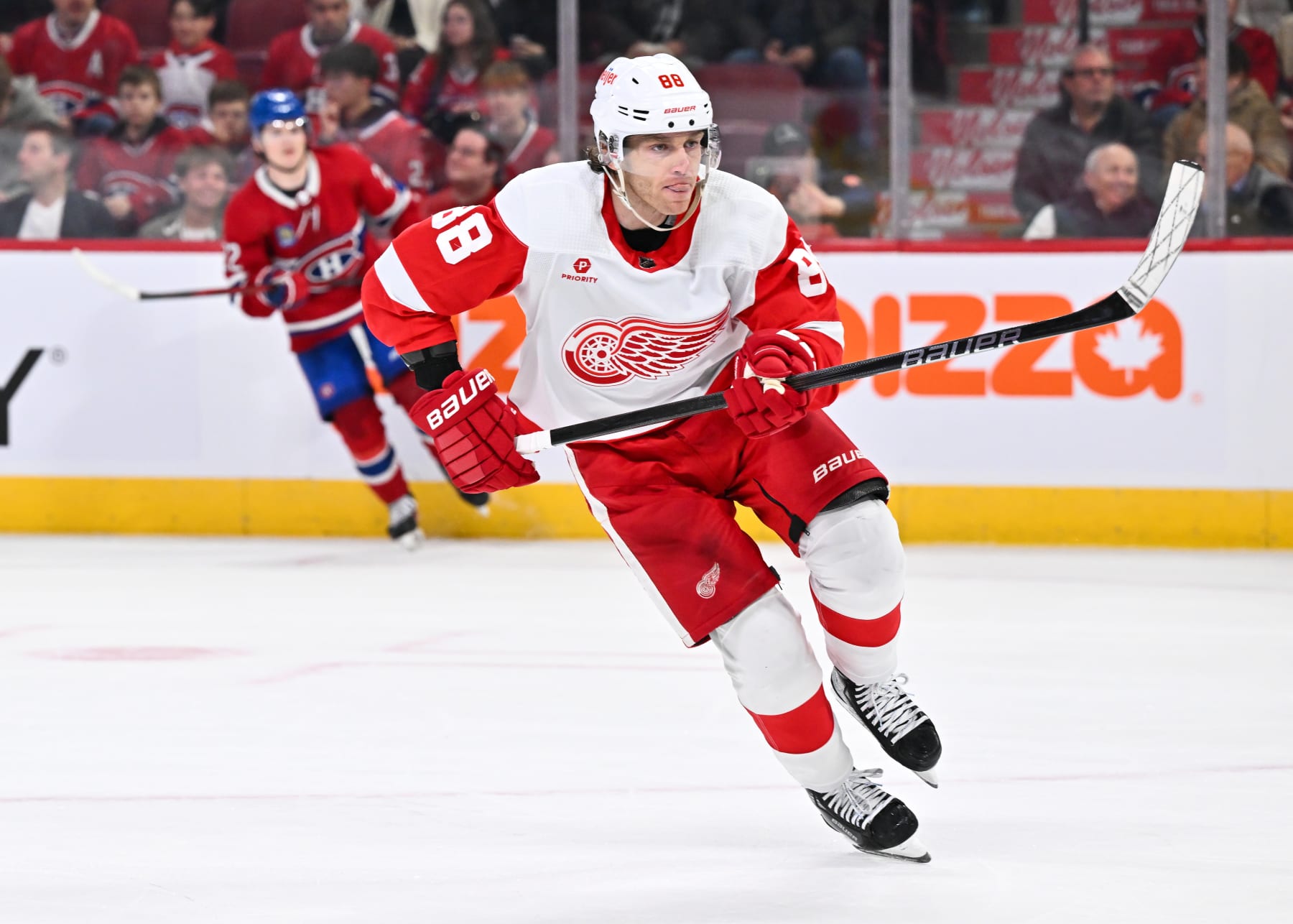 MONTREAL, CANADA - APRIL 16: Patrick Kane #88 of the Detroit Red Wings skates during the first period against the Montreal Canadiens at the Bell Centre on April 16, 2024 in Montreal, Quebec, Canada. The Detroit Red Wings defeated the Montreal Canadiens 5-4 in a shootout. (Photo by Minas Panagiotakis/Getty Images)