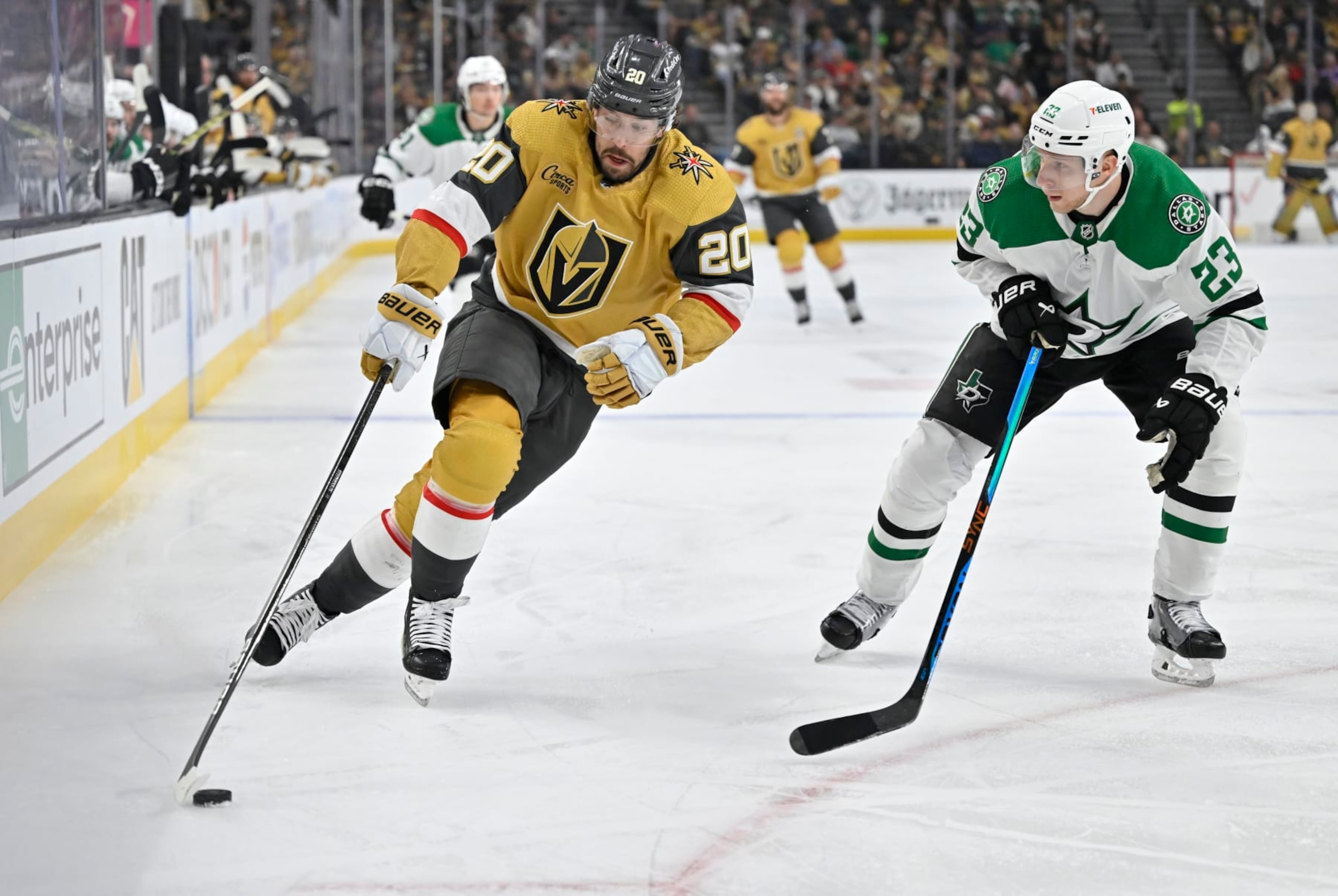 LAS VEGAS, NEVADA - MAY 03: Chandler Stephenson #20 of the Vegas Golden Knights skates against Esa Lindell #23 of the Dallas Stars during the first period in Game Six of the First Round of the 2024 Stanley Cup Playoffs at T-Mobile Arena on May 03, 2024 in Las Vegas, Nevada. (Photo by David Becker/NHLI via Getty Images) LAS VEGAS, NEVADA - MAY 03: Chandler Stephenson #20 of the Vegas Golden Knights skates against Esa Lindell #23 of the Dallas Stars during the first period in Game Six of the First Round of the 2024 Stanley Cup Playoffs at T-Mobile Arena on May 03, 2024 in Las Vegas, Nevada. (Photo by David Becker/NHLI via Getty Images)