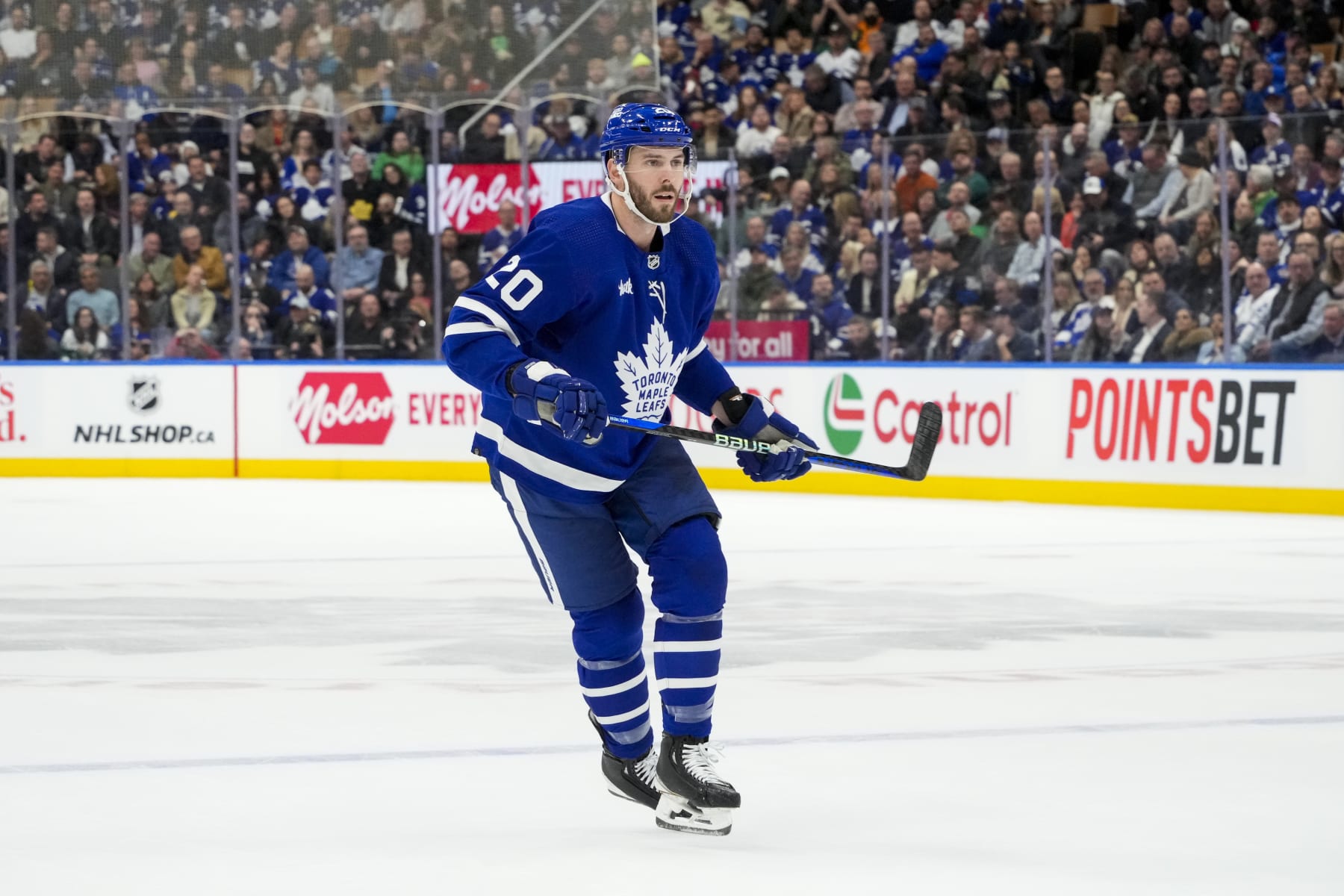 TORONTO, ON - APRIL 11: Joel Edmundson #20 of the Toronto Maple Leafs skates against the New Jersey Devils during the first period at Scotiabank Arena on April 11, 2024 in Toronto, Ontario, Canada. (Photo by Kevin Sousa/NHLI via Getty Images)
