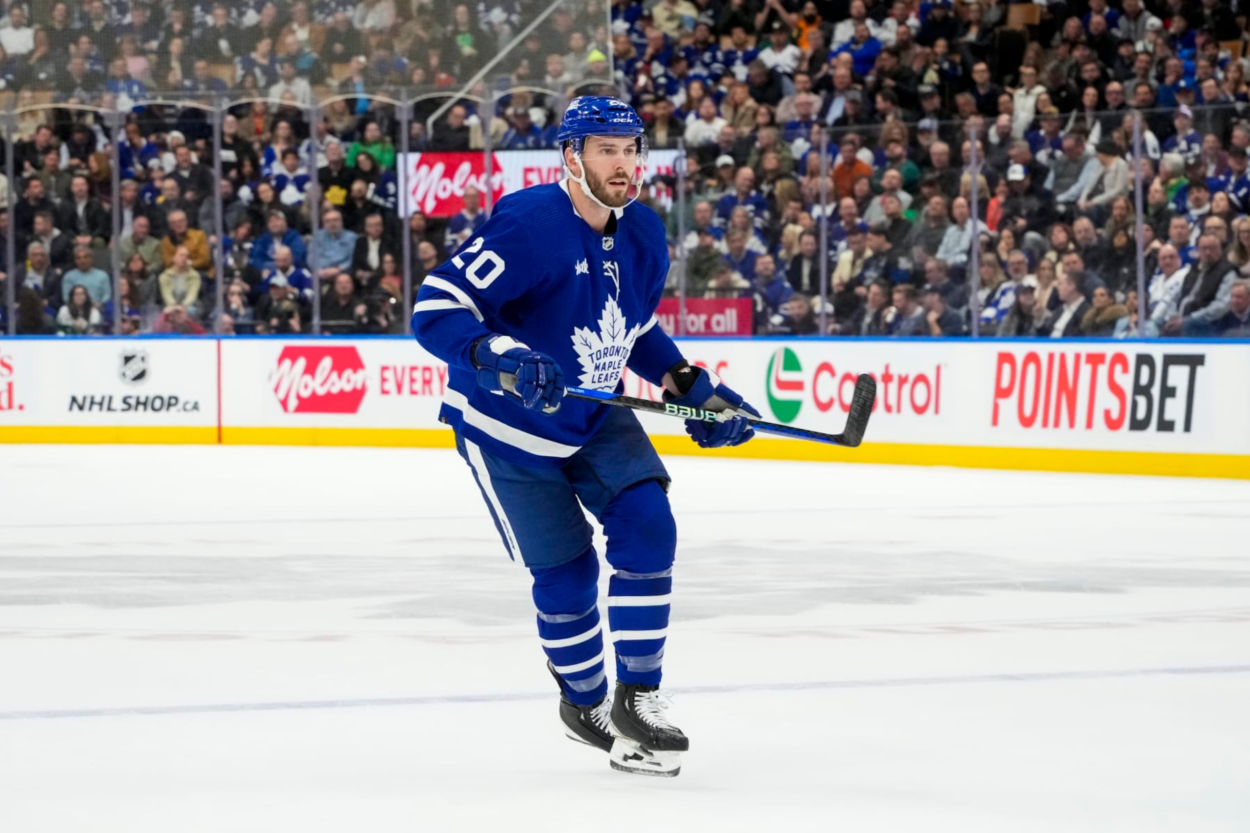 TORONTO, ON - APRIL 11: Joel Edmundson #20 of the Toronto Maple Leafs skates against the New Jersey Devils during the first period at Scotiabank Arena on April 11, 2024 in Toronto, Ontario, Canada. (Photo by Kevin Sousa/NHLI via Getty Images) TORONTO, ON - APRIL 11: Joel Edmundson #20 of the Toronto Maple Leafs skates against the New Jersey Devils during the first period at Scotiabank Arena on April 11, 2024 in Toronto, Ontario, Canada. (Photo by Kevin Sousa/NHLI via Getty Images)