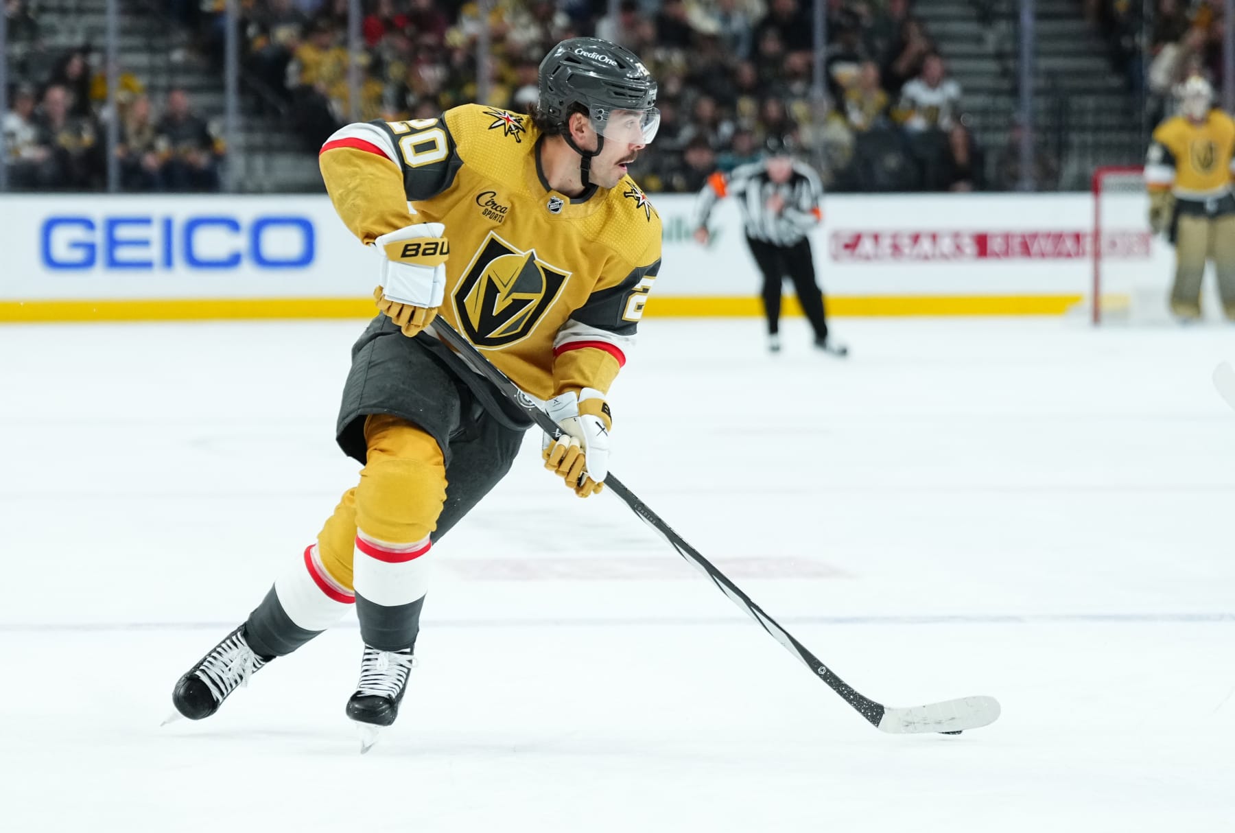 LAS VEGAS, NEVADA - MARCH 23: Chandler Stephenson #20 of the Vegas Golden Knights skates during the third period against the Columbus Blue Jackets at T-Mobile Arena on March 23, 2024 in Las Vegas, Nevada. (Photo by Jeff Bottari/NHLI via Getty Images)