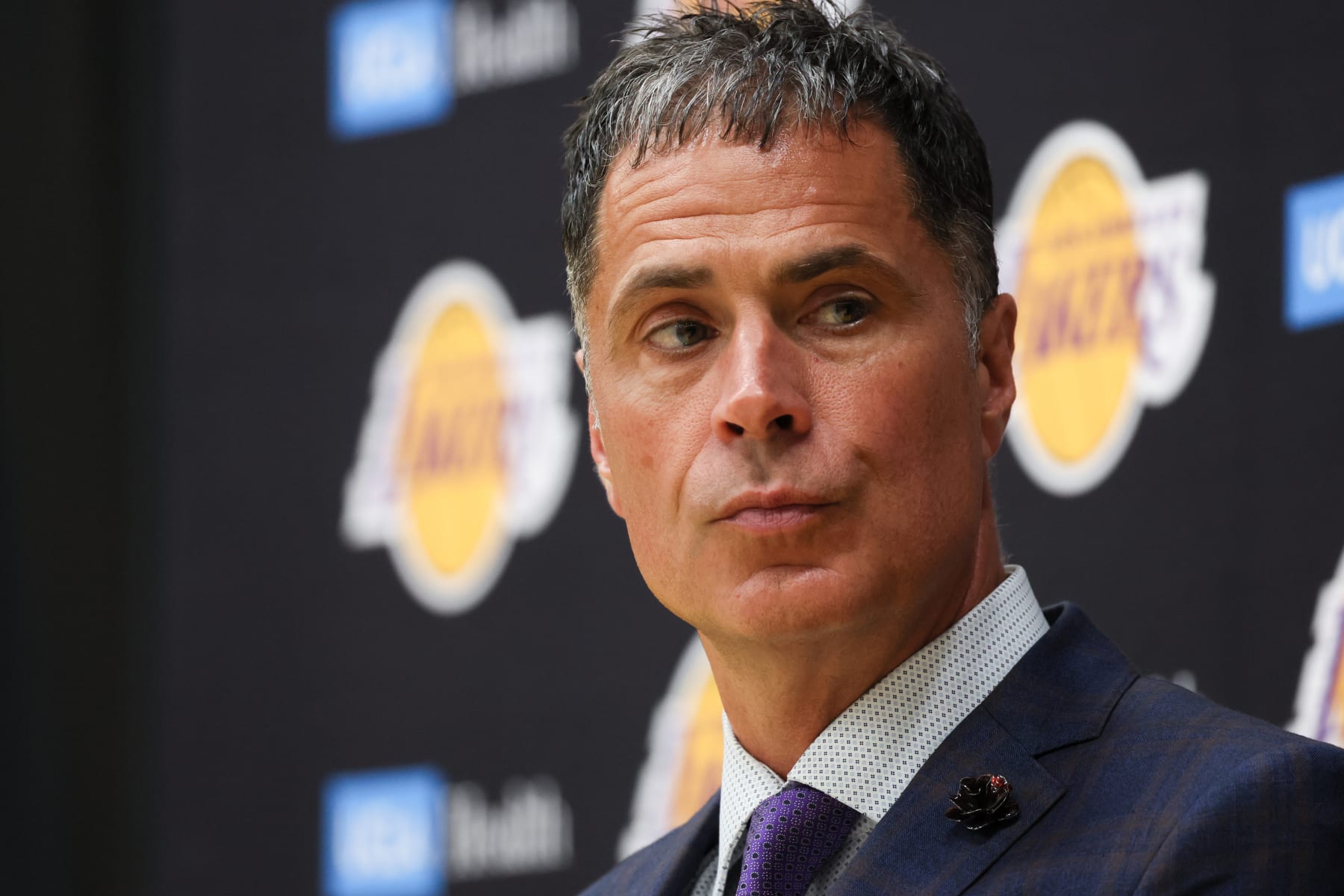LOS ANGELES, CALIFORNIA - JUNE 24: Rob Pelinka watches as the Los Angeles Lakers host a press conference to introduce JJ Redick as the new head coach at UCLA Health Training Center on Monday, June 24, 2024 in Los Angeles, CA. (Robert Gauthier / Los Angeles Times via Getty Images)
