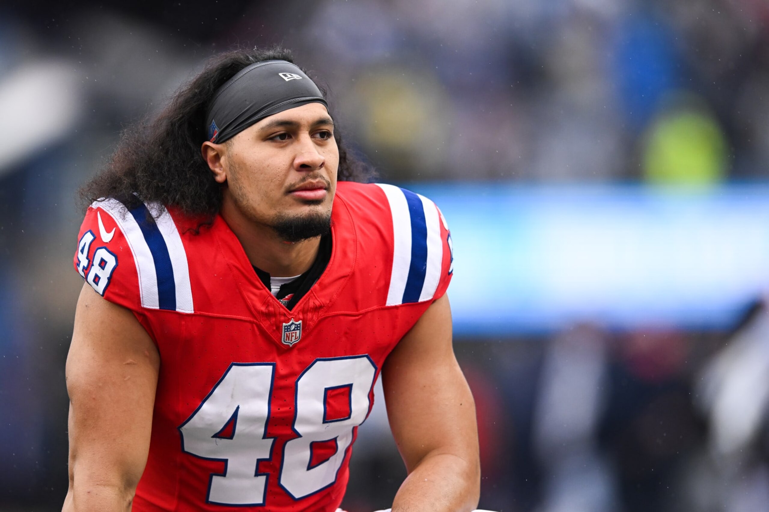 FOXBORO, MA - DECEMBER 3: Jahlani Tavai #48 of the New England Patriots kneels on the field prior to the start of the game against the Los Angeles Chargers at Gillette Stadium on December 3, 2023 in Foxboro, Massachusetts. (Photo by Kathryn Riley/Getty Images) FOXBORO, MA - DECEMBER 3: Jahlani Tavai #48 of the New England Patriots kneels on the field prior to the start of the game against the Los Angeles Chargers at Gillette Stadium on December 3, 2023 in Foxboro, Massachusetts. (Photo by Kathryn Riley/Getty Images)