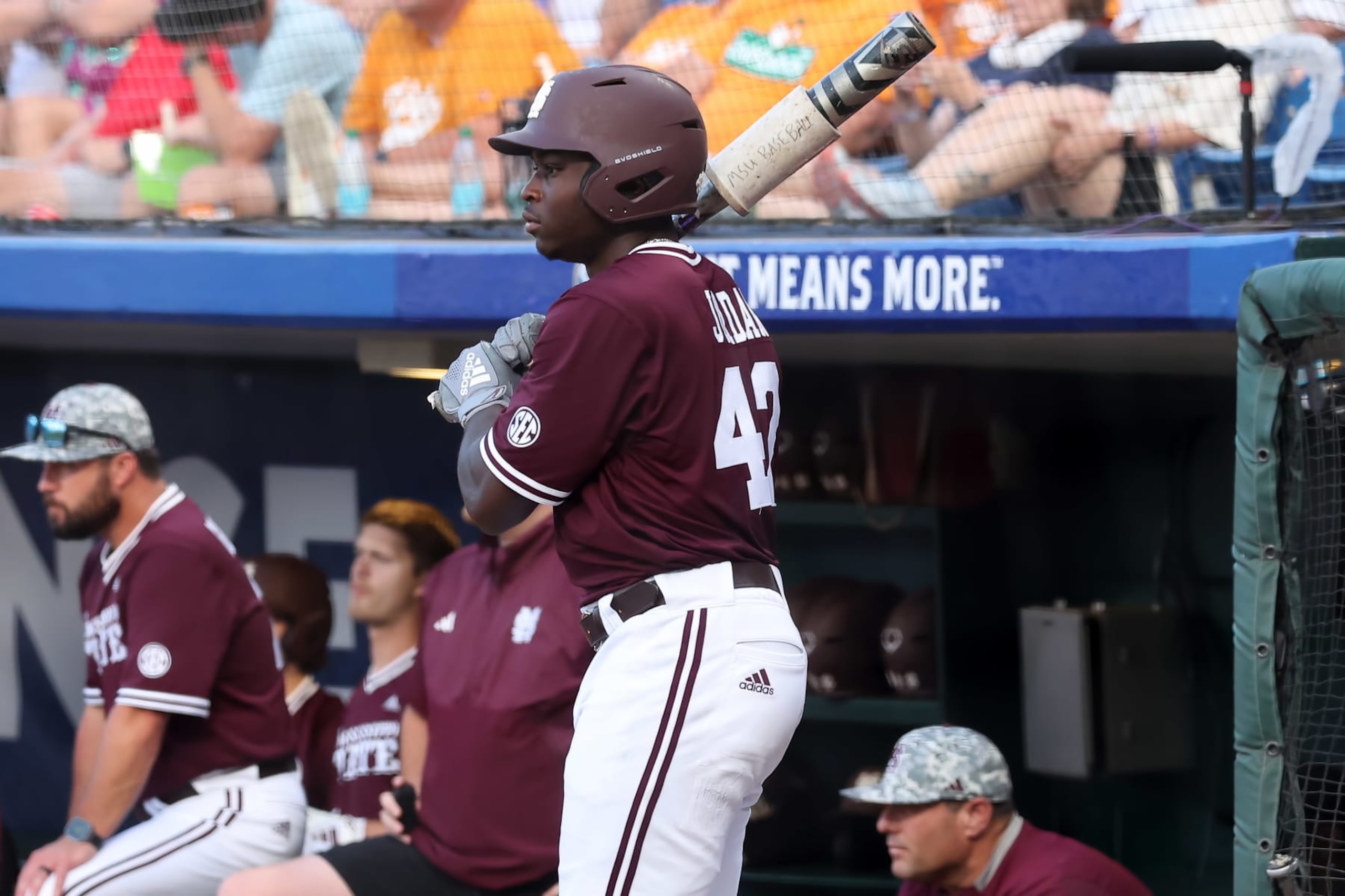 HOOVER, AL - MAY 24: Mississippi State outfielder Dakota Jordan (42) during the 2024 SEC Baseball Tournament game between the Tennessee Volunteers and the Mississippi State Bulldogs on May 24, 2024 at the Hoover Metropolitan Stadium in Hoover, Alabama. (Photo by Michael Wade/Icon Sportswire via Getty Images)