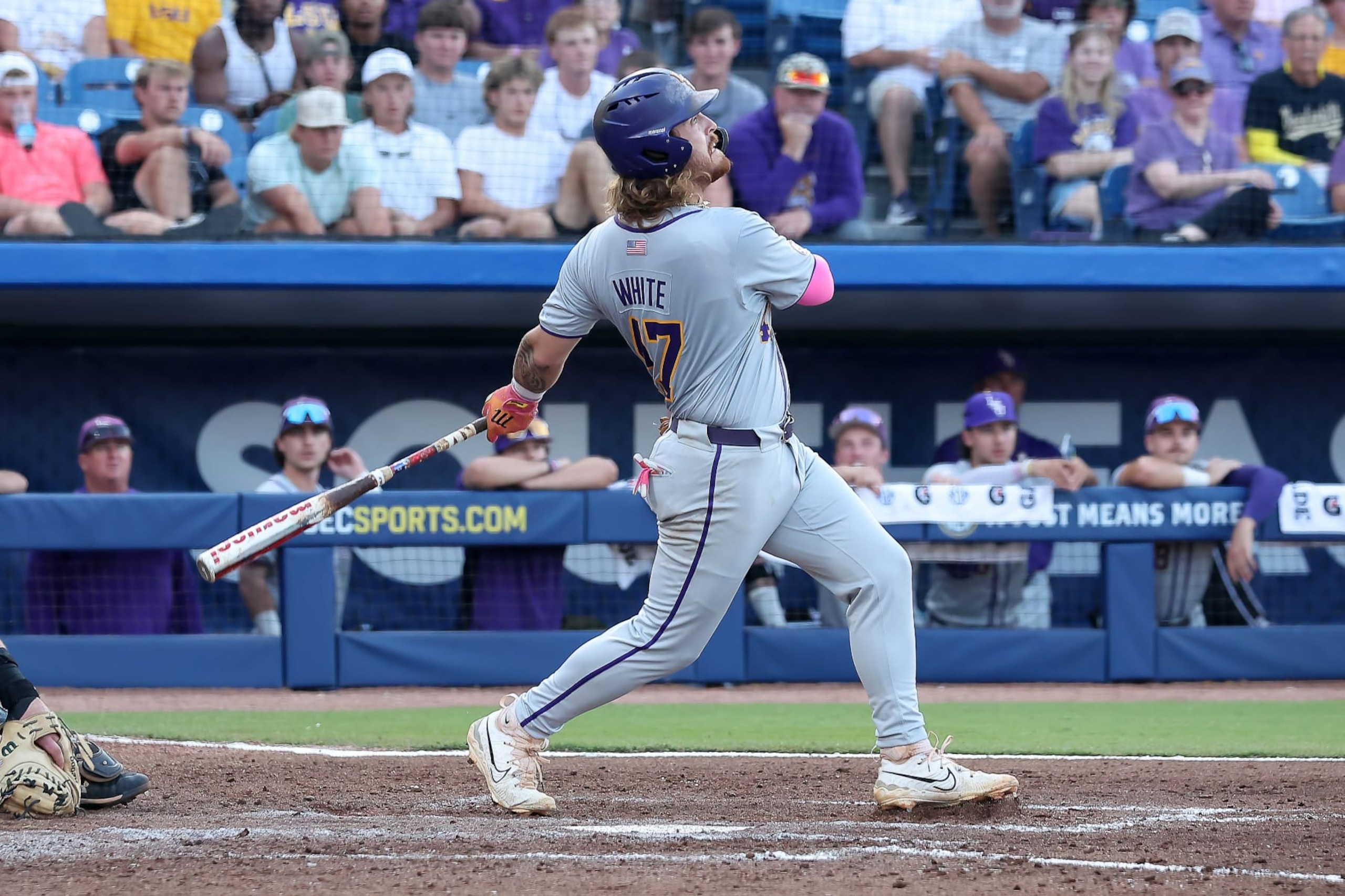 HOOVER, AL - MAY 23: LSU Tigers infielder Tommy White (47) during the 2024 SEC Baseball Tournament game between the South Carolina Gamecocks and the LSU Tigers on May 23, 2024 at the Hoover Metropolitan Stadium in Hoover, Alabama. (Photo by Michael Wade/Icon Sportswire via Getty Images)