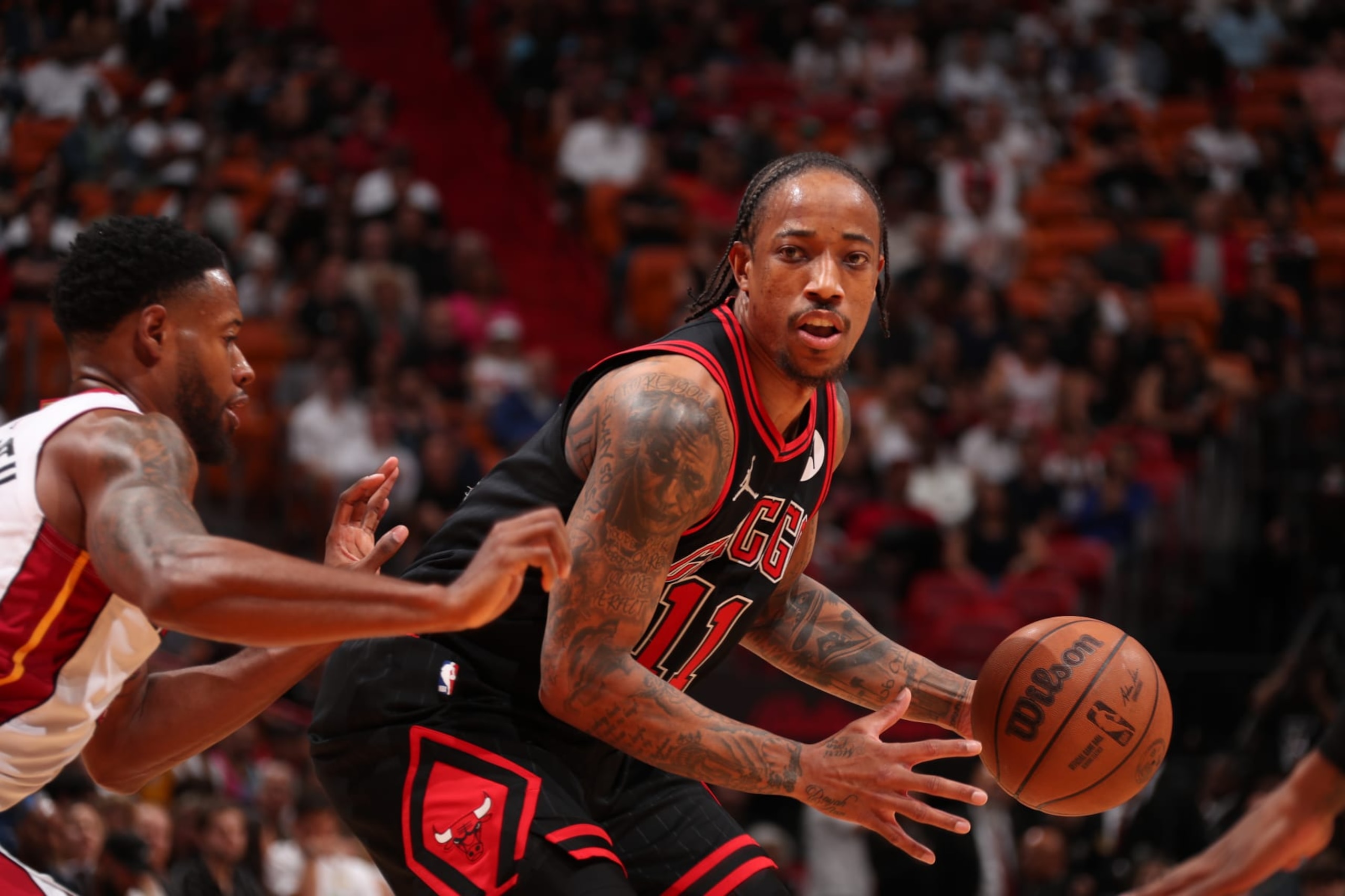 MIAMI, FL - APRIL 19: DeMar DeRozan #11 of the Chicago Bulls handles the ball during the game against the Miami Heat during the 2024 Play-In Tournament on April 19, 2024 at Kaseya Center in Miami, Florida. NOTE TO USER: User expressly acknowledges and agrees that, by downloading and or using this Photograph, user is consenting to the terms and conditions of the Getty Images License Agreement. Mandatory Copyright Notice: Copyright 2024 NBAE (Photo by Issac Baldizon/NBAE via Getty Images) MIAMI, FL - APRIL 19: DeMar DeRozan #11 of the Chicago Bulls handles the ball during the game against the Miami Heat during the 2024 Play-In Tournament on April 19, 2024 at Kaseya Center in Miami, Florida. NOTE TO USER: User expressly acknowledges and agrees that, by downloading and or using this Photograph, user is consenting to the terms and conditions of the Getty Images License Agreement. Mandatory Copyright Notice: Copyright 2024 NBAE (Photo by Issac Baldizon/NBAE via Getty Images)