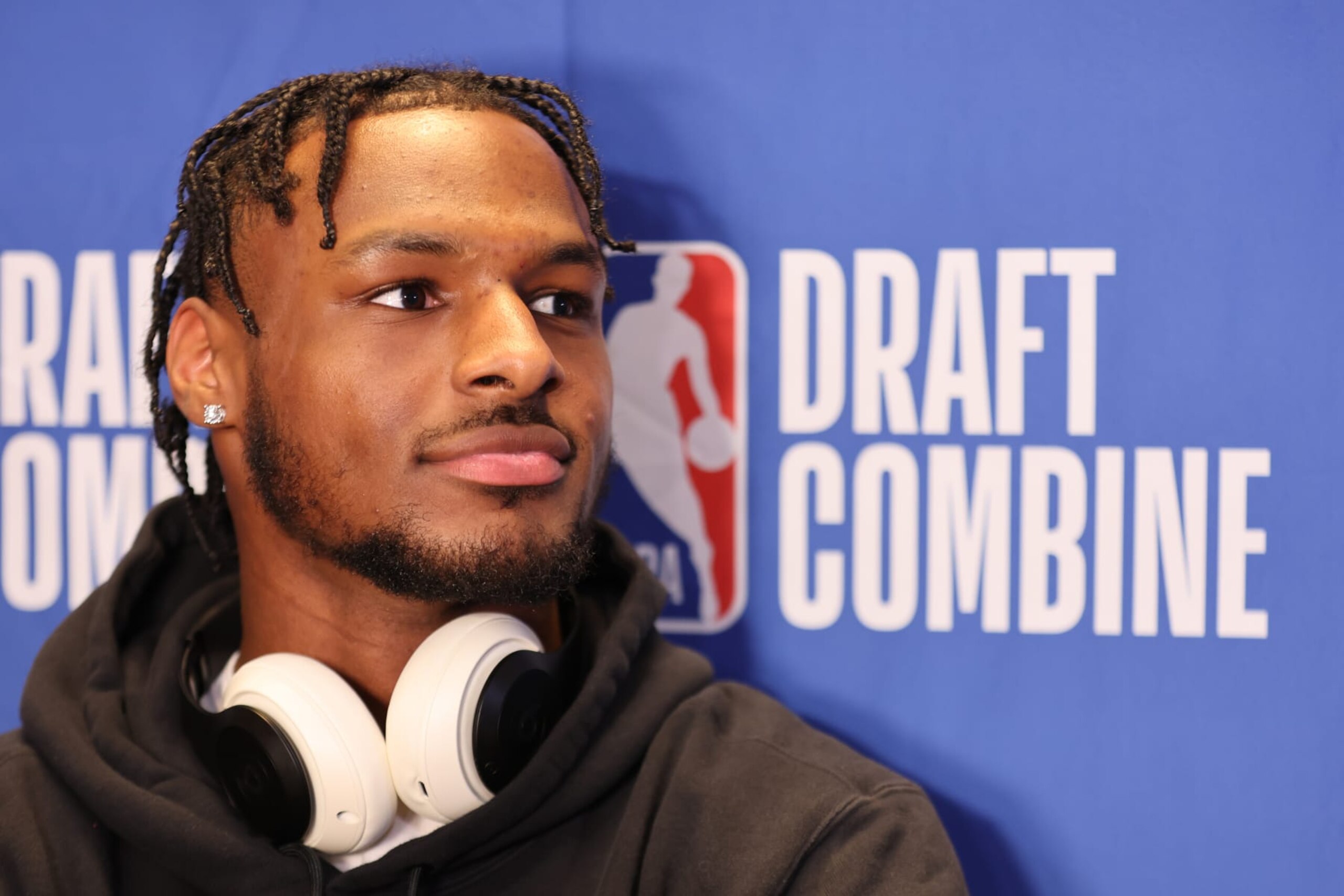 CHICAGO, IL - MAY 14: Bronny James talks to the media during the 2024 NBA Combine on May 14, 2024 at Wintrust Arena in Chicago, Illinois. NOTE TO USER: User expressly acknowledges and agrees that, by downloading and or using this photograph, User is consenting to the terms and conditions of the Getty Images License Agreement. Mandatory Copyright Notice: Copyright 2024 NBAE (Photo by Jeff Haynes/NBAE via Getty Images)