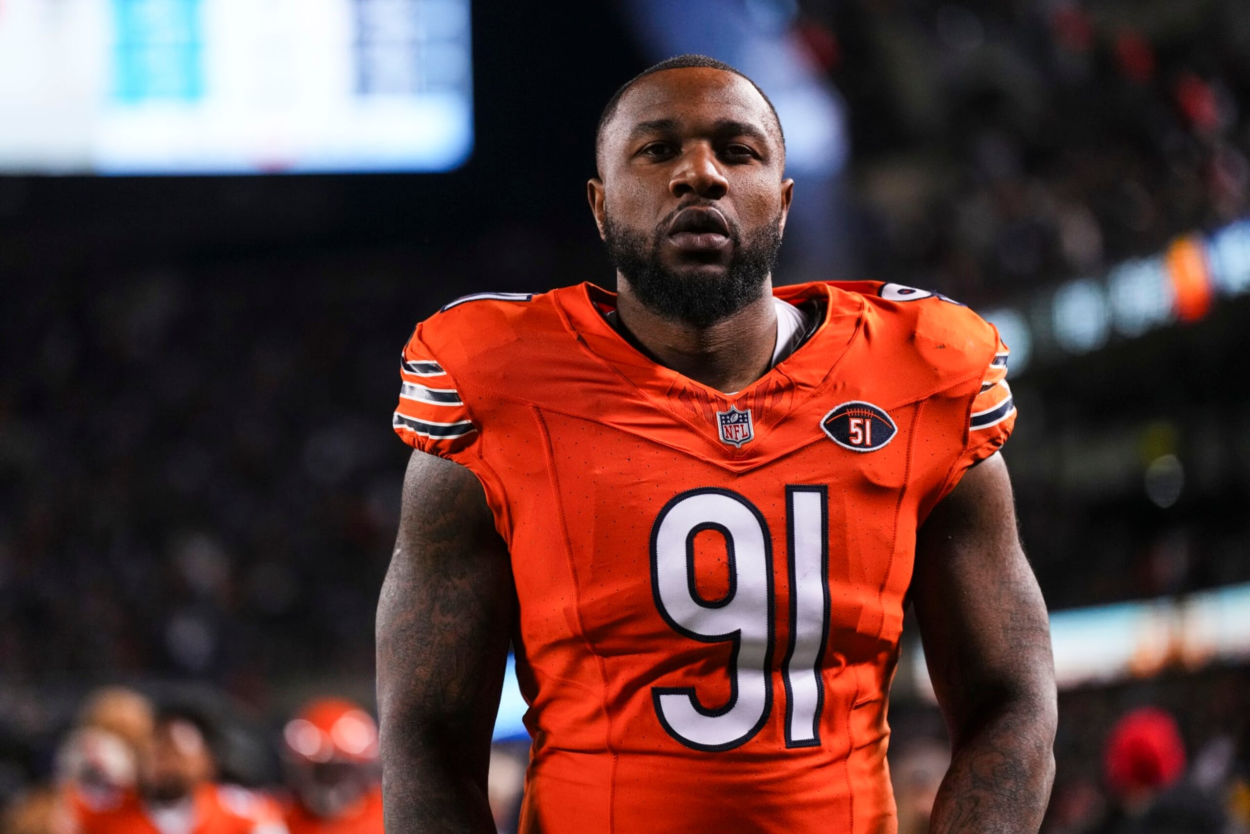CHICAGO, IL - NOVEMBER 09: Yannick Ngakoue #91 of the Chicago Bears runs off of the field during an NFL football game against the Carolina Panthers at Soldier Field on November 9, 2023 in Chicago, Illinois. (Photo by Cooper Neill/Getty Images) CHICAGO, IL - NOVEMBER 09: Yannick Ngakoue #91 of the Chicago Bears runs off of the field during an NFL football game against the Carolina Panthers at Soldier Field on November 9, 2023 in Chicago, Illinois. (Photo by Cooper Neill/Getty Images)