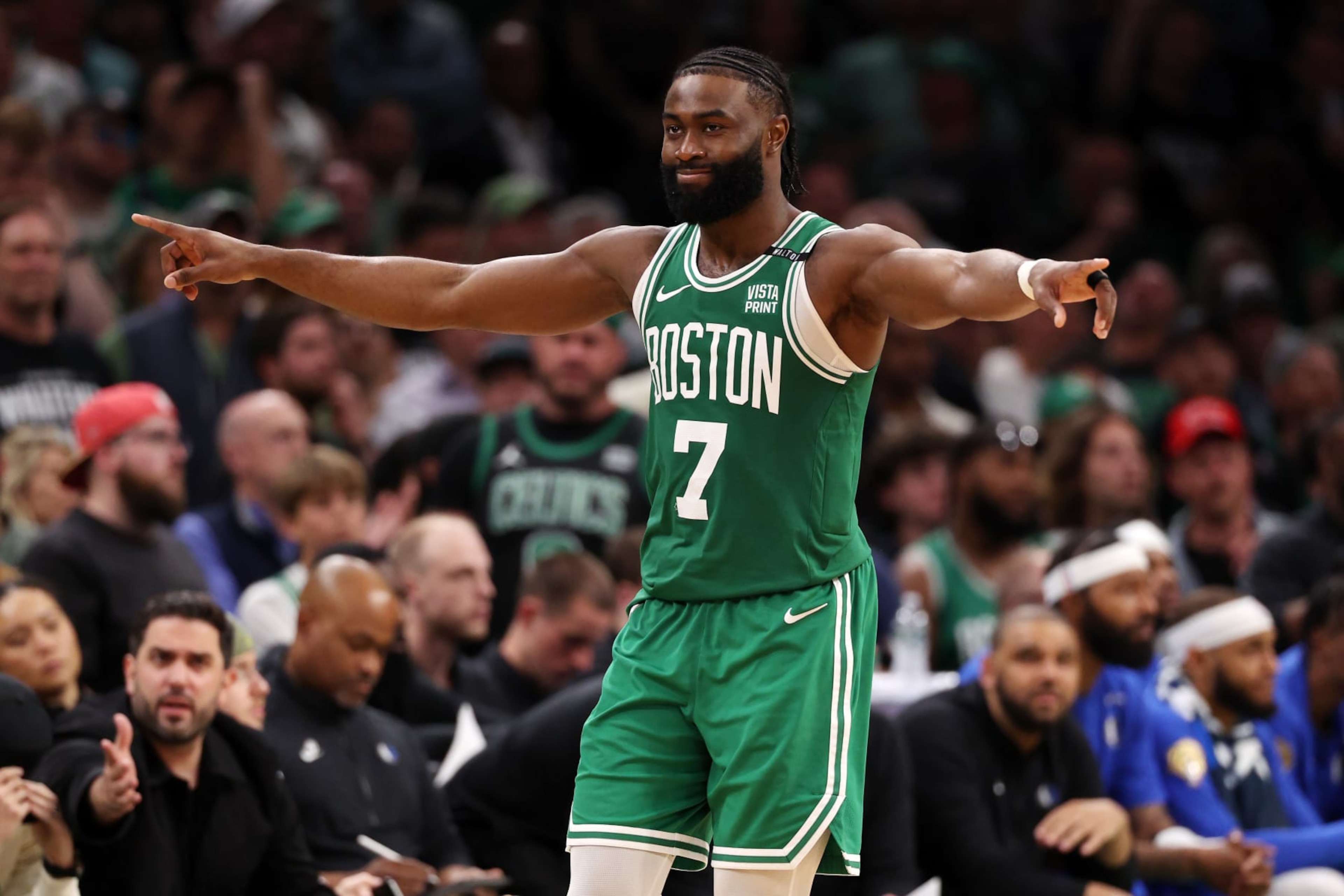 BOSTON, MASSACHUSETTS - JUNE 17: Jaylen Brown #7 of the Boston Celtics reacts after a play against the Dallas Mavericks during the fourth quarter of Game Five of the 2024 NBA Finals at TD Garden on June 17, 2024 in Boston, Massachusetts. NOTE TO USER: User expressly acknowledges and agrees that, by downloading and or using this photograph, User is consenting to the terms and conditions of the Getty Images License Agreement. (Photo by Elsa/Getty Images)