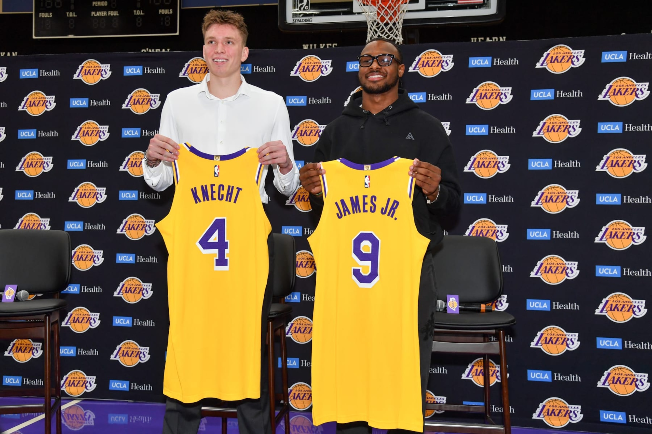 LOS ANGELES, CA - JULY 2: Dalton Knecht and Bronny James of the Los Angeles Lakers pose for a photo during a press conference on July 2, 2024 at UCLA Health Training Center in El Segundo, California. NOTE TO USER: User expressly acknowledges and agrees that, by downloading and/or using this Photograph, user is consenting to the terms and conditions of the Getty Images License Agreement. Mandatory Copyright Notice: Copyright 2024 NBAE (Photo by Juan Ocampo/NBAE via Getty Images)