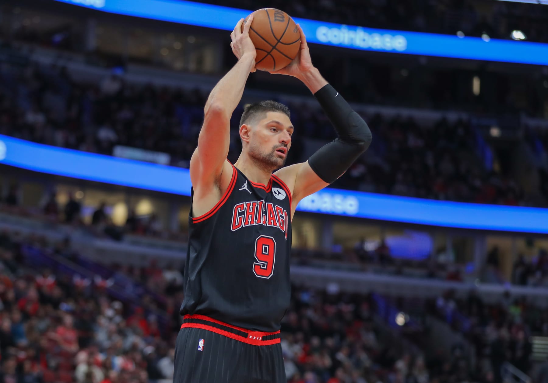 CHICAGO, IL - APRIL 05: Nikola Vucevic #9 of the Chicago Bulls grabs the rebound during the first half against the New York Knicks at the United Center on April 5, 2024 in Chicago. (Photo by Melissa Tamez/Icon Sportswire via Getty Images)