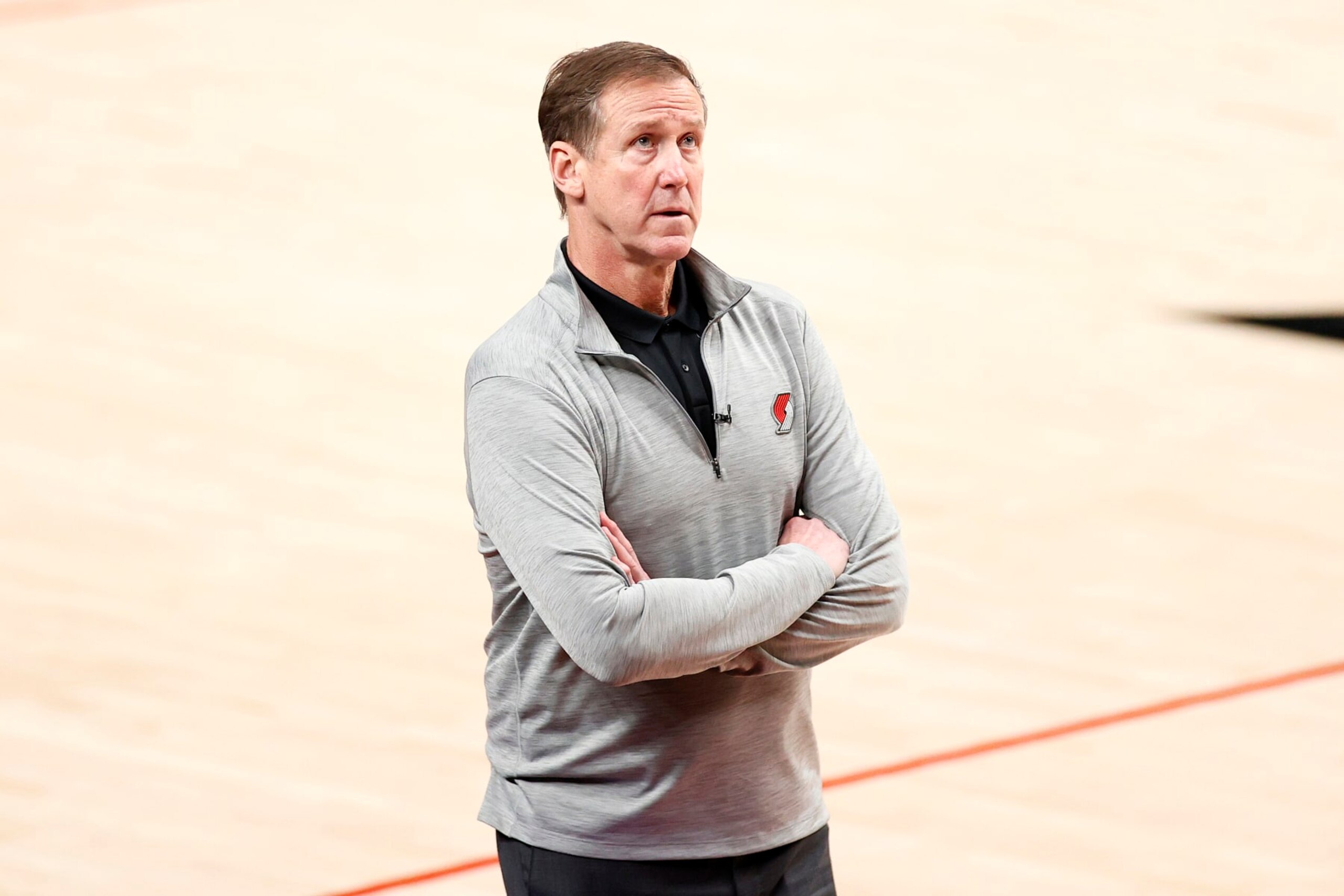PORTLAND, OREGON - MAY 29: Head coach Terry Stotts of the Portland Trail Blazers looks on in the third quarter against the Denver Nuggets during Round 1, Game 4 of the 2021 NBA Playoffs at Moda Center on May 29, 2021 in Portland, Oregon. NOTE TO USER: User expressly acknowledges and agrees that, by downloading and or using this photograph, User is consenting to the terms and conditions of the Getty Images License Agreement. (Photo by Steph Chambers/Getty Images)