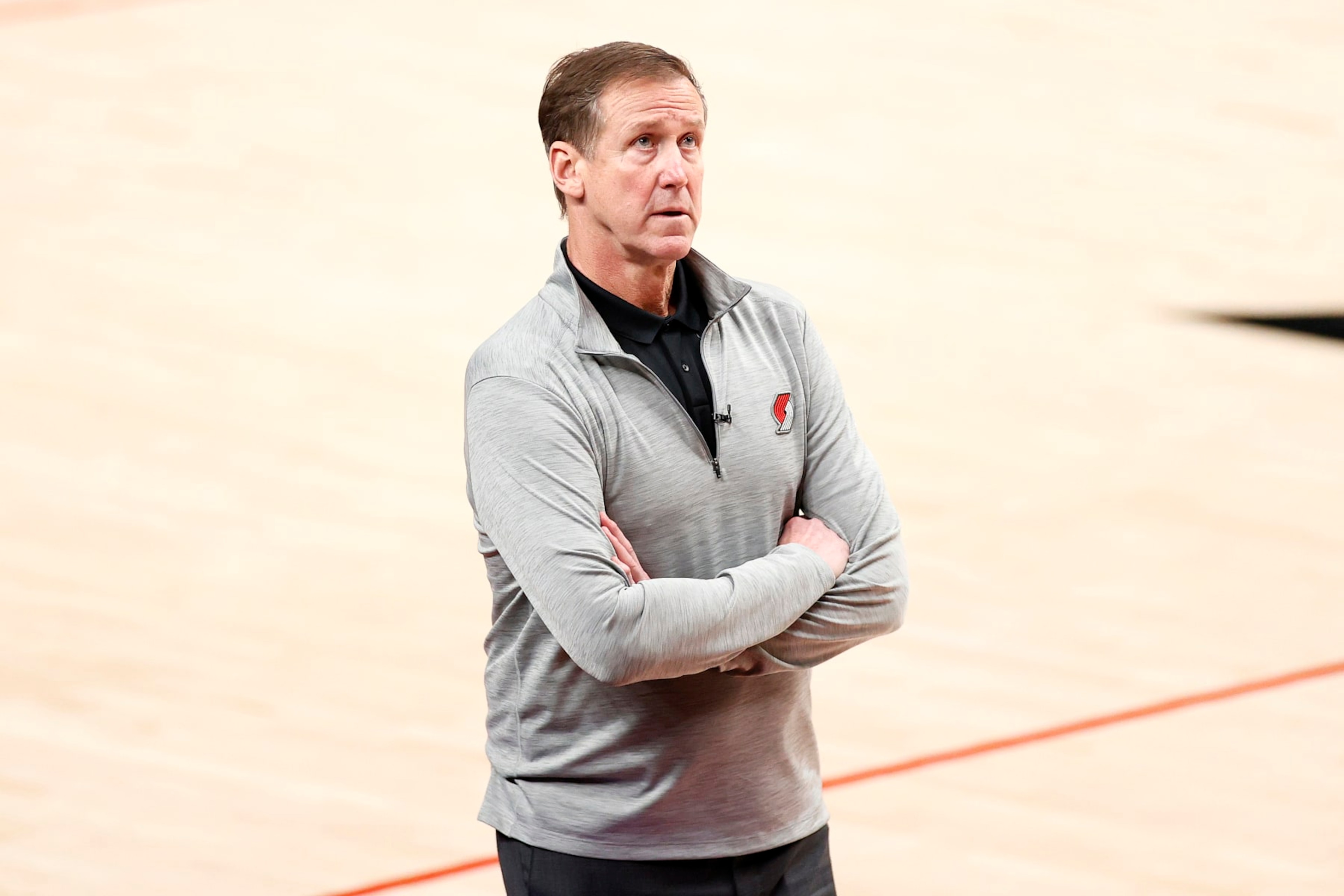 PORTLAND, OREGON - MAY 29: Head coach Terry Stotts of the Portland Trail Blazers looks on in the third quarter against the Denver Nuggets during Round 1, Game 4 of the 2021 NBA Playoffs at Moda Center on May 29, 2021 in Portland, Oregon. NOTE TO USER: User expressly acknowledges and agrees that, by downloading and or using this photograph, User is consenting to the terms and conditions of the Getty Images License Agreement. (Photo by Steph Chambers/Getty Images)